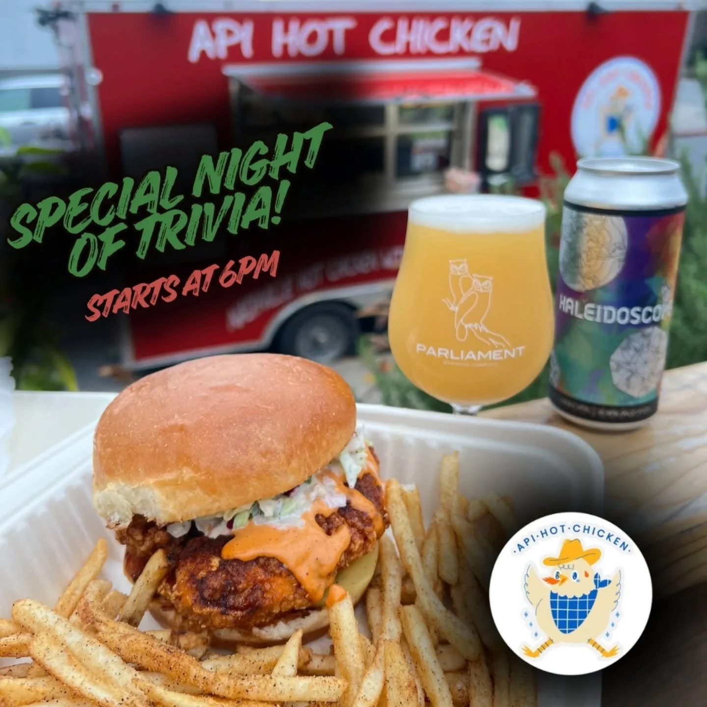 special tuesday night trivia with @apihotchicken&nbsp;

heaters will be fired up, beers will be flowing &amp; api hot chicken is on site from 3-9pm serving up some extra heat.
trivia starts at 6 sharp due to weather. please be prepared. prizes for 1s
