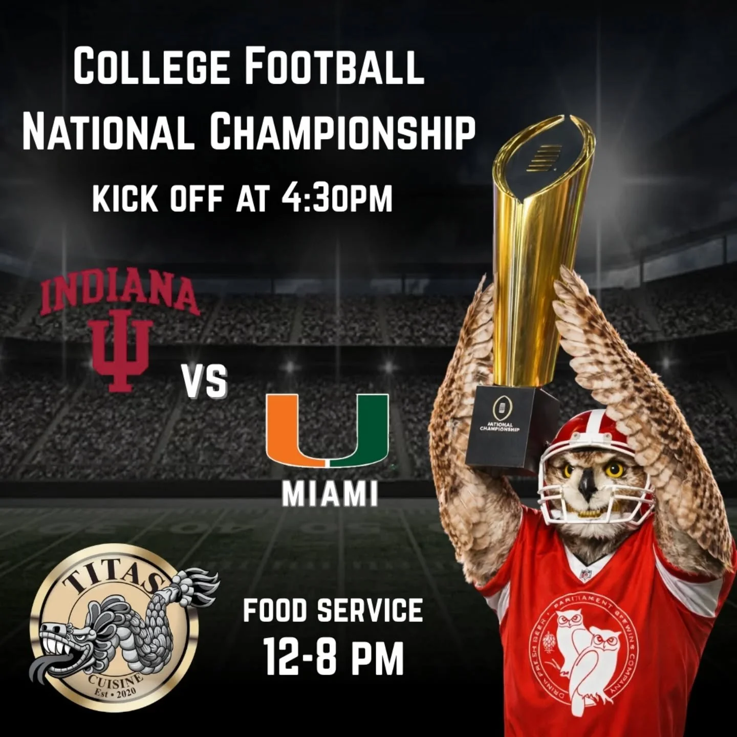 we are open today at noon!

join us in the taproom for the college national championship game and enjoy awesome pambazos and more from @titascuisinesr all day long!

doors open at 12, tacos start shortly after, and indiana vs miami kicks off at 4:3