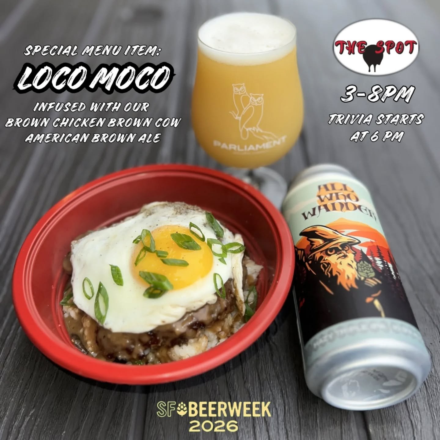 the rain has finally let up &amp; we're ready for action.

we've got @thespot_foodtruck with us for lunch &amp; dinner service and they've got a couple special menu items for sf beer week! loco moco with brown gravy infused with our brown chicken b