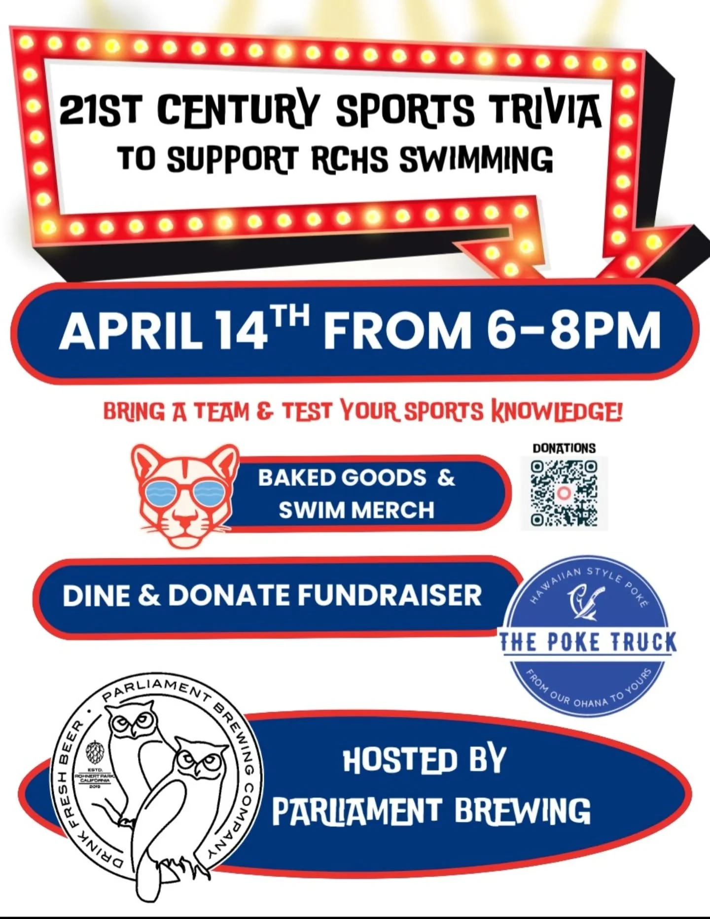 sports themed trivia night and rancho cotate high school swim team dine &amp; donate!

many years ago i, adam, walked into @flagshiptaproom in cotati on a trivia night. this night and most nights were hosted by my now friend, Dave. on april 14th, Dav