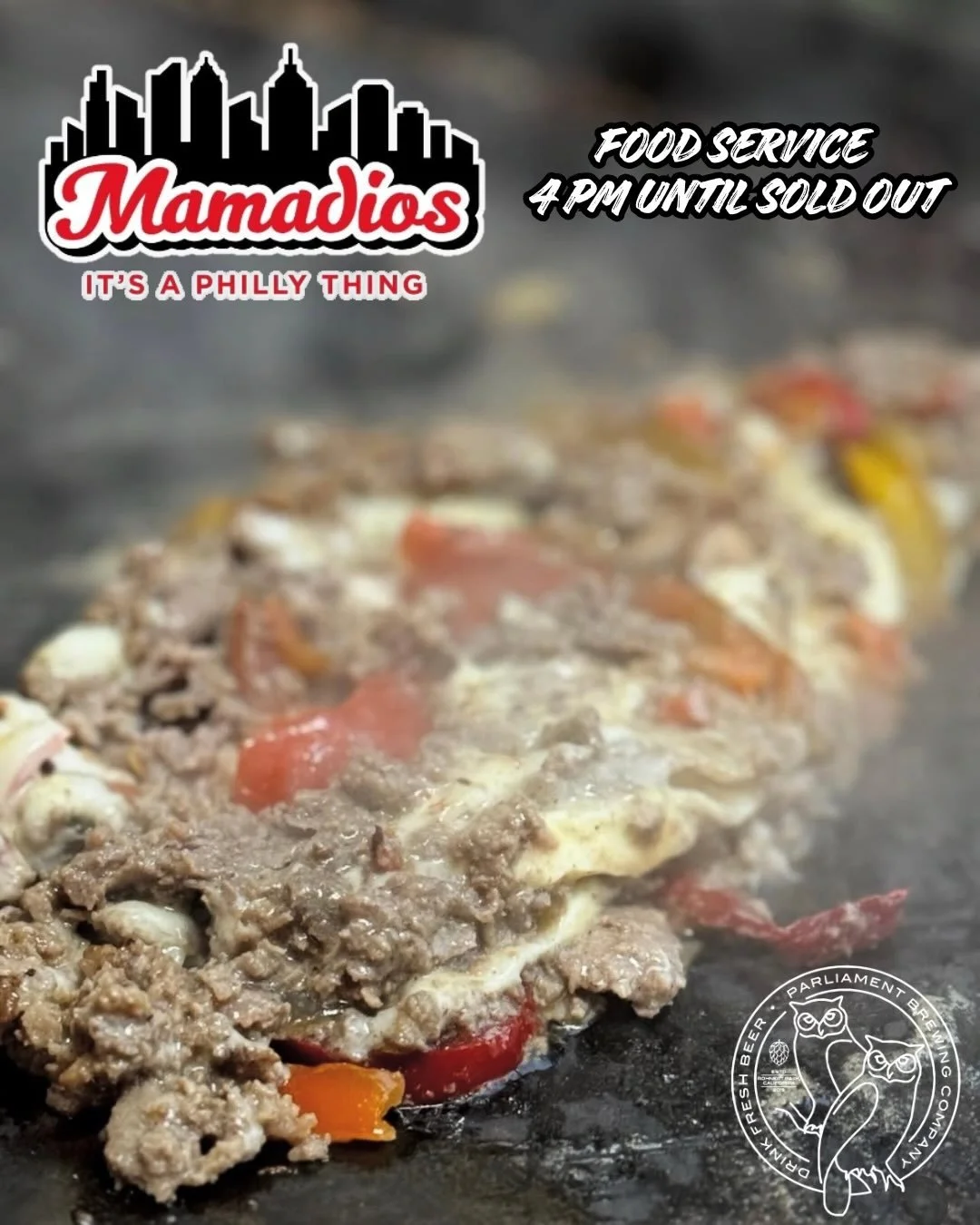 it&rsquo;s raining cheesesteaks!

rain or shine, we&rsquo;ve got fresh beer &amp; @mamadios_philly with us all afternoon. chris &amp; sasha will be here from 4pm on, filling the air with sizzling steak and onions. their notorious, award-winning chees
