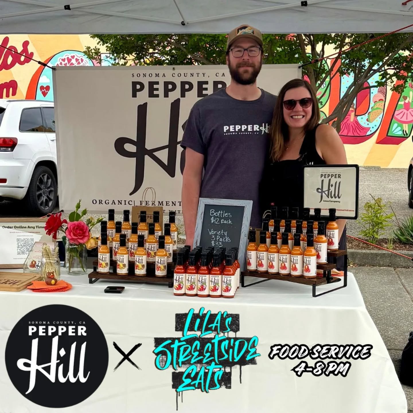 food vendor collab and special pop-up this friday!

lila and jake of @lilastreetsdieeats have teamed up with marenda and dylan of @pepper.hill.sauce.co both based out of sonoma county. 

lila is making a smoked chicken sando with a pepperhill hot sau
