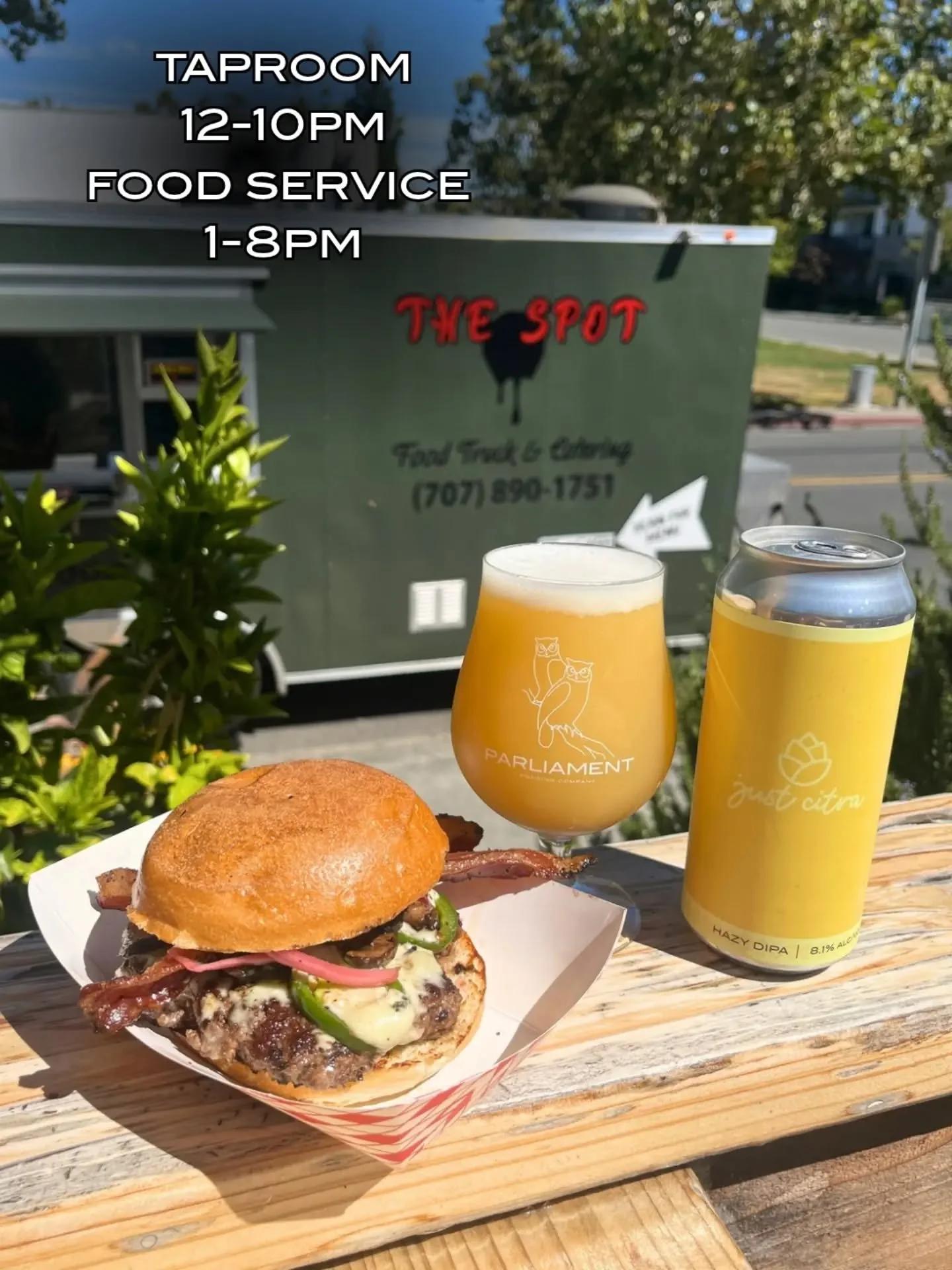 the week's behind us and today's the reward

@thespot_foodtruck is open at 1pm with a loaded menu of craveable sandos and burgers that we can't wait to taste. 

sip on a just citra, a hazy dipa with notes of citrusy dole whip, and start off the weeke
