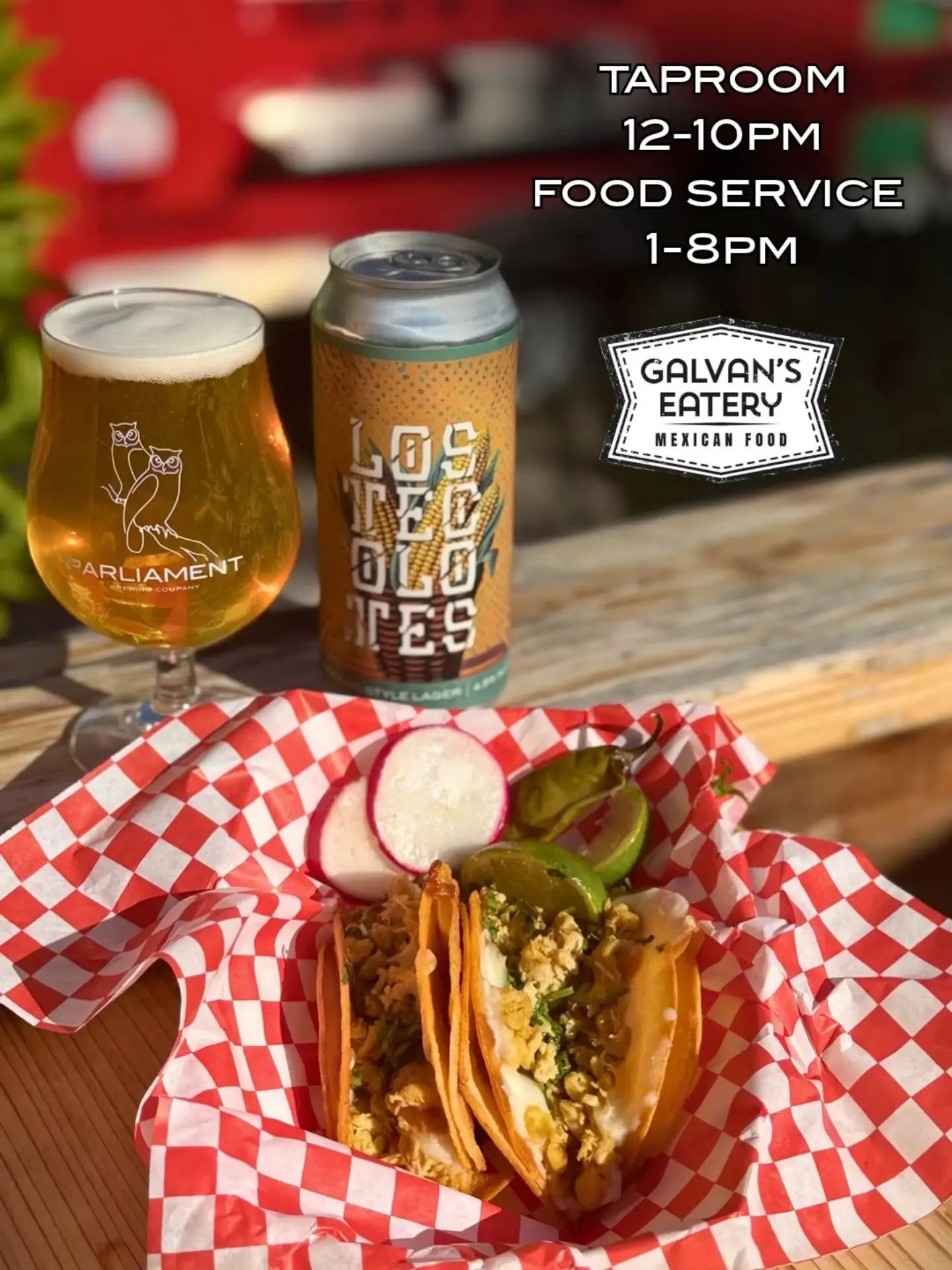 beer's fresh, doors are open, tacos are here, what more can ya ask for?

@galvanseatery is bringing their crispy chicken tacos today, loaded and packed with cravable flavor. quesabirria is always a good choice. try their grilled cheese with any choic