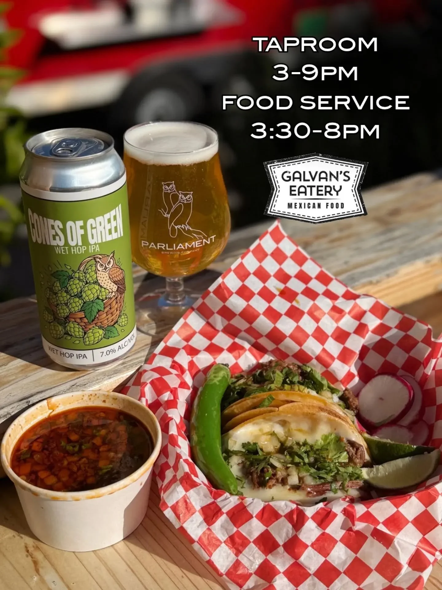 taco thursday is hereeeeeee 🎉

@galvanseatery is rollin' up and you know they got the goods. how bout some quesabirrias with consom&eacute; and a fresh beer? i know were in. try it with our cones of green wet hop ipa while it's here. made with fresh