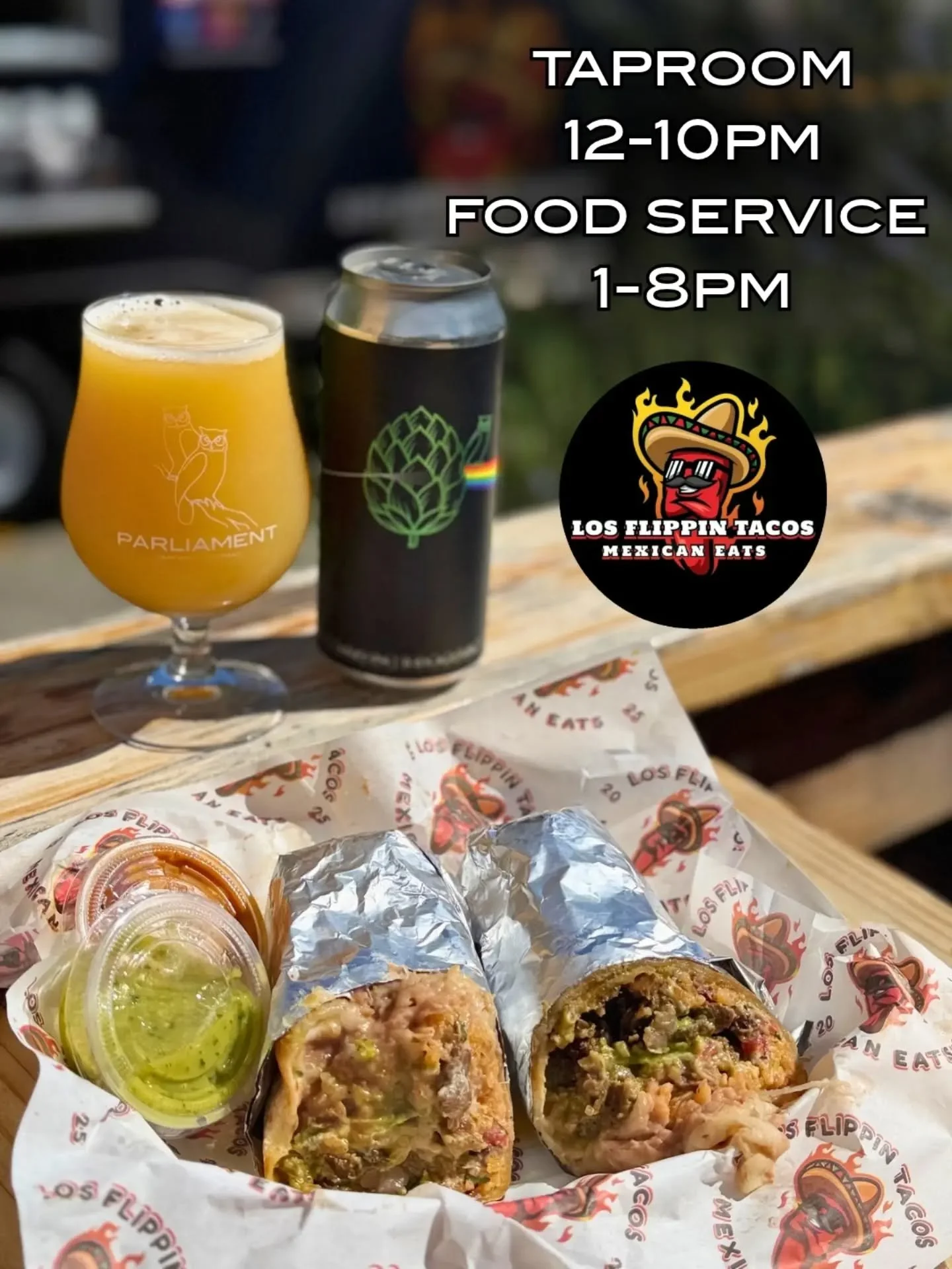 missed out on tacos yesterday? you're in luck

@losflippintacos will be here today with their flippin tacos and specialty mexican eats like super burritos and nachos. chug a prism hazy ipa alongside, it's soft and pillowy with notes of tropical candy