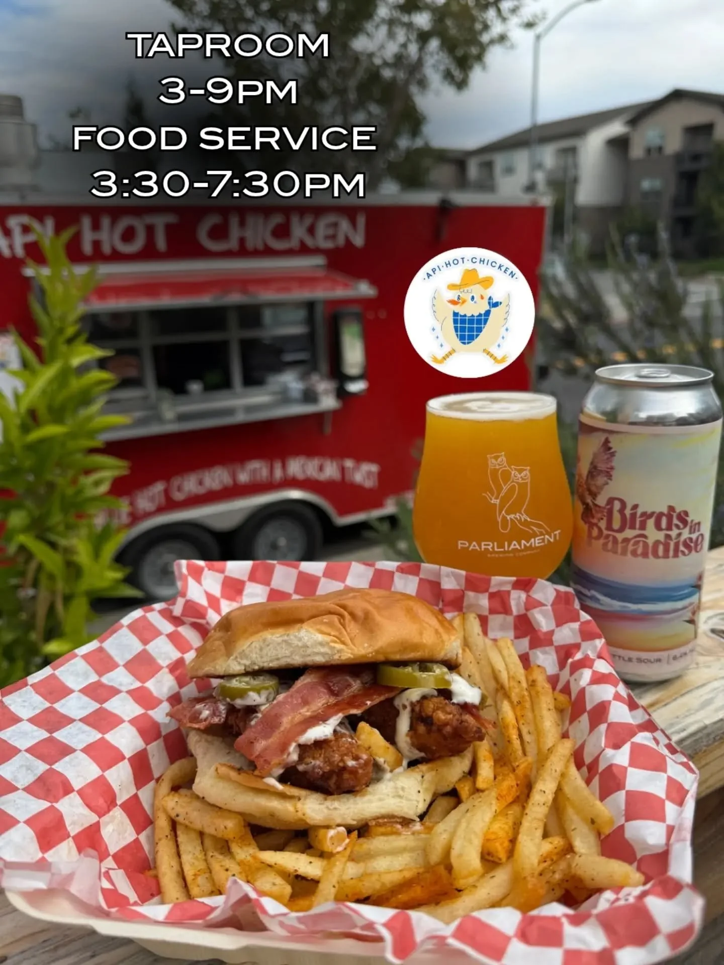 it's the start of the week, let's make it awesome

come try @apihotchicken 's jalape&ntilde;o bacon ranch fried chicken sandwich 🐔 and pair it with our birds in paradise kettle sour. juicy chicken with a fresh juicy beer, yup sounds delicious.

stay