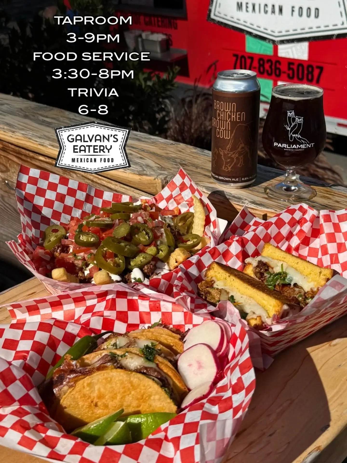 it's wednesday, y'all know what that means...

trivia!! 🎉

come by and enjoy some tacos and trivia. @galvanseatery will be here today with their craveable crispy tacos and other delicious mexican eats. 

our brown ale- brown chicken brown cow is del