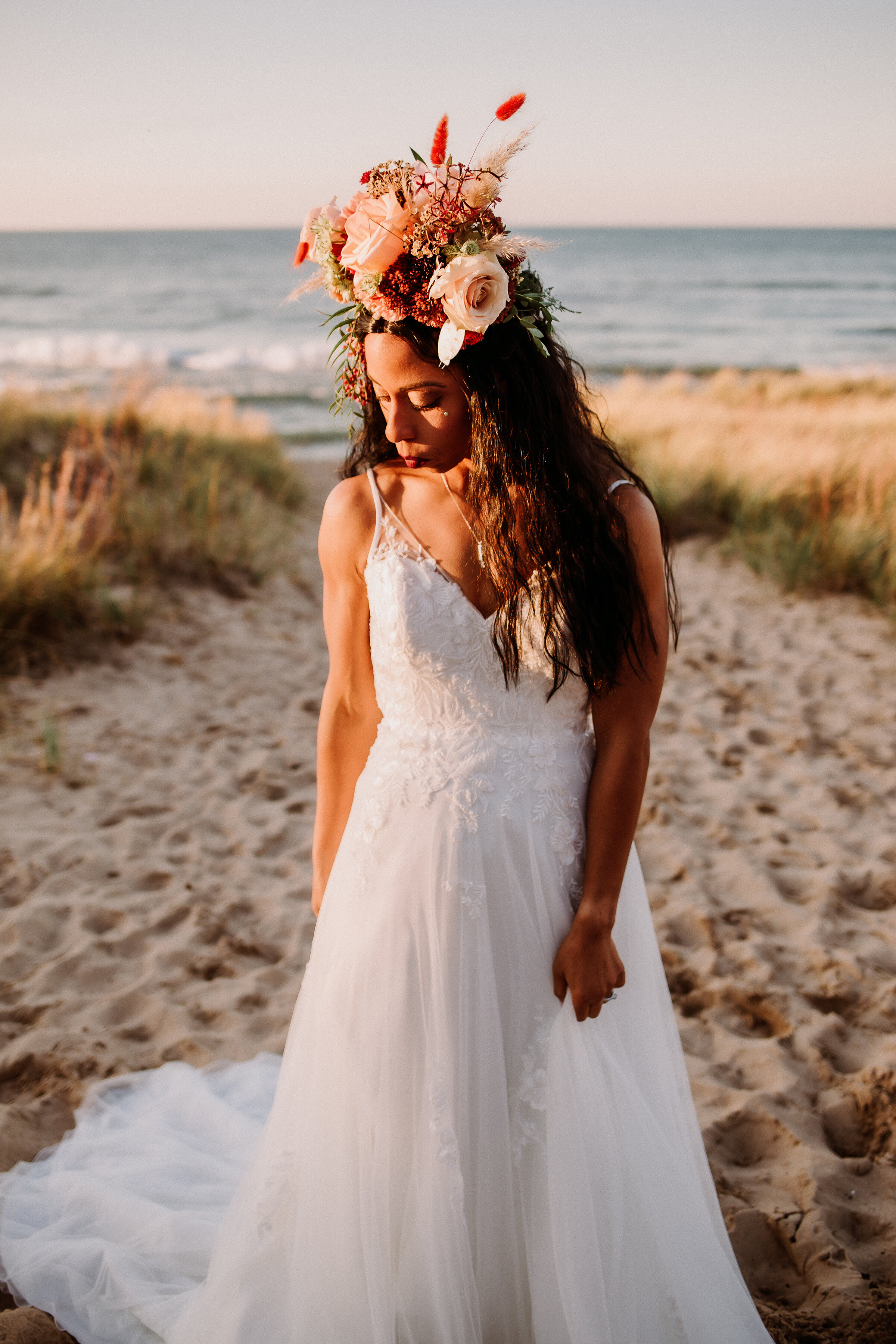  The most luscious boho floral headpiece crown for this adventurous bride at a styled elopement shoot in Indiana Dunes State Park near Valparaiso, Indiana. formals session on the beach professional midwest wedding photographer lake michigan beach sho