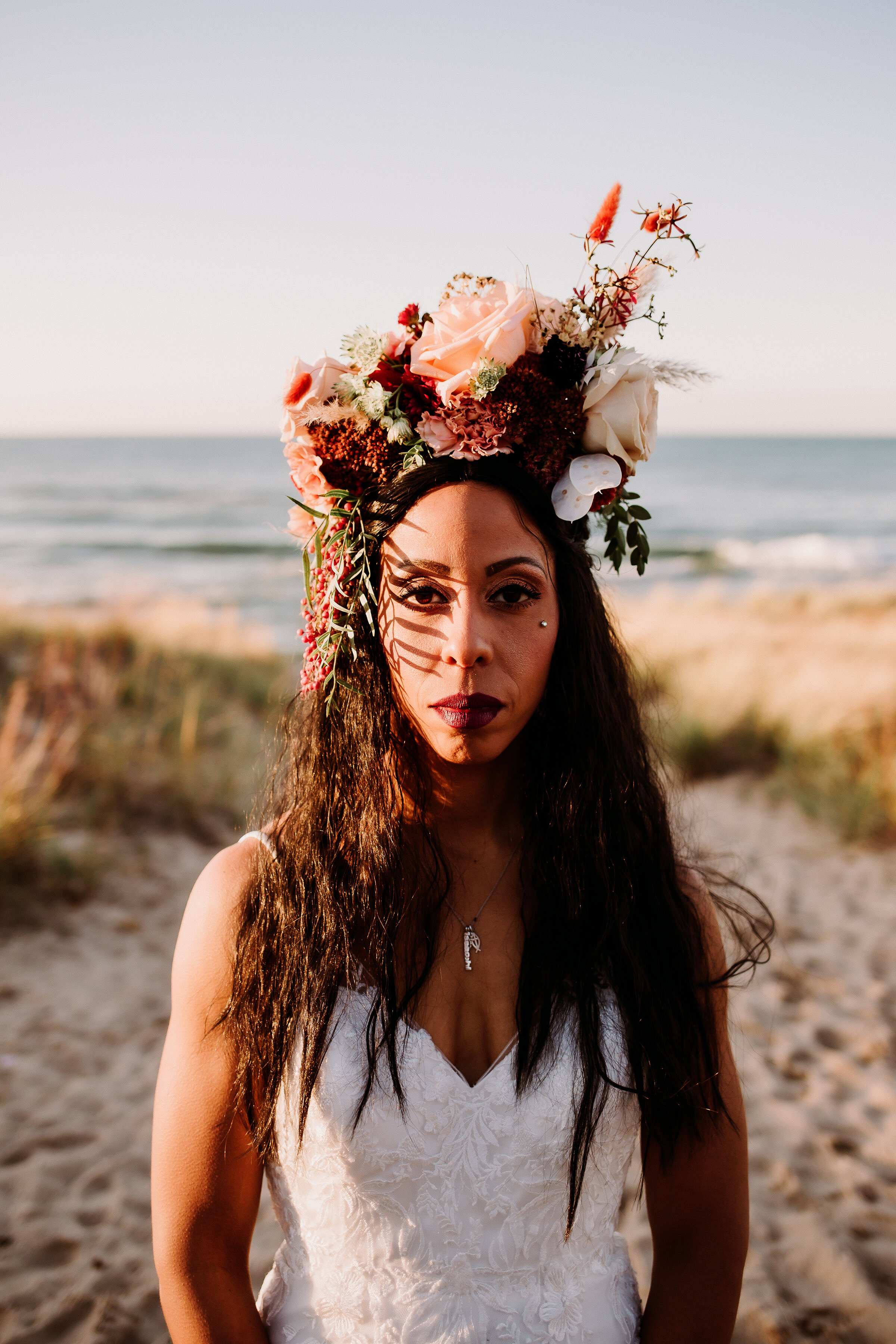  Bohemian bride to be on the shores of Lake Michigan at Indiana Dunes State Park for an elopement shoot.&nbsp; Indiana wedding photography Chesterton elopement shoot Valparaiso Indiana boho wedding photography boho floral crown boho bride accessories