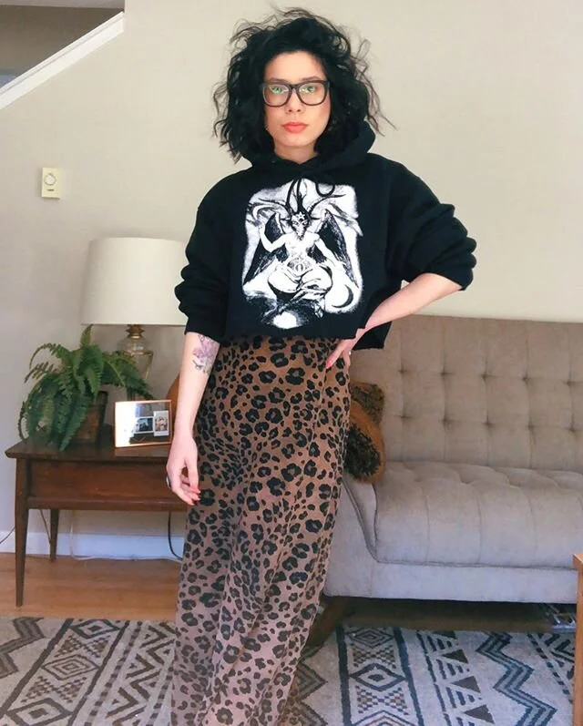 The grocery store is where I go now to stunt... accessorized with a face mask. 
Found at the bottom of the bins, this 90s leopard print stretch maxi dress and my favorite DIY cropped hoodie cost me around $6 in total. Clothes don&rsquo;t have to be e