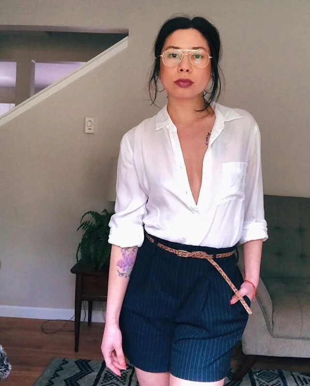 Fashionably late to work in my living room. 
Don&rsquo;t let these office digs fool you, they&rsquo;re the most comfortable I own. The white button-down is 100% tencel from Reformation found at a thrift store when I lived in Brooklyn, and the shorts 