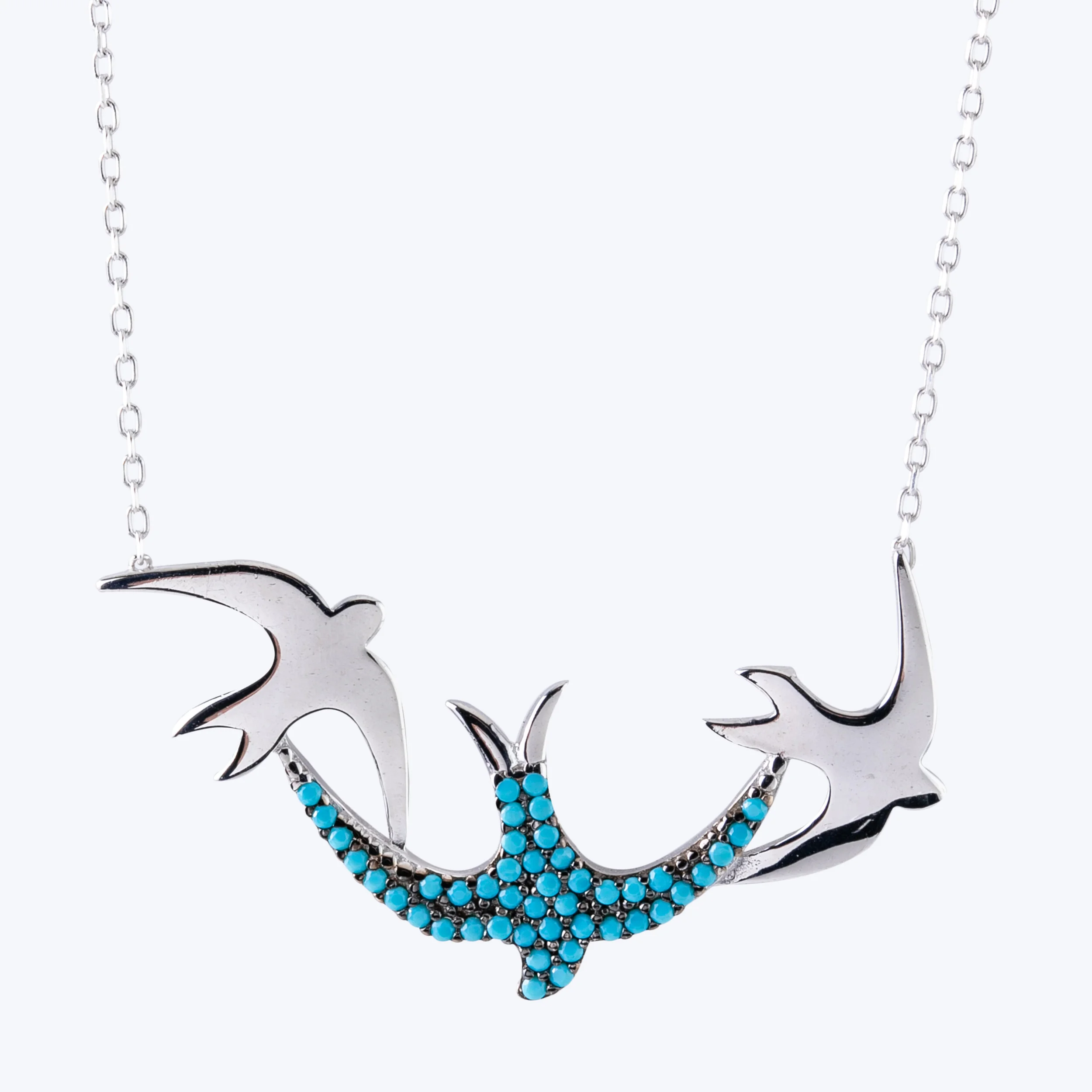 Turquoise stone beaded, rose gold plated sterling silver bird necklace