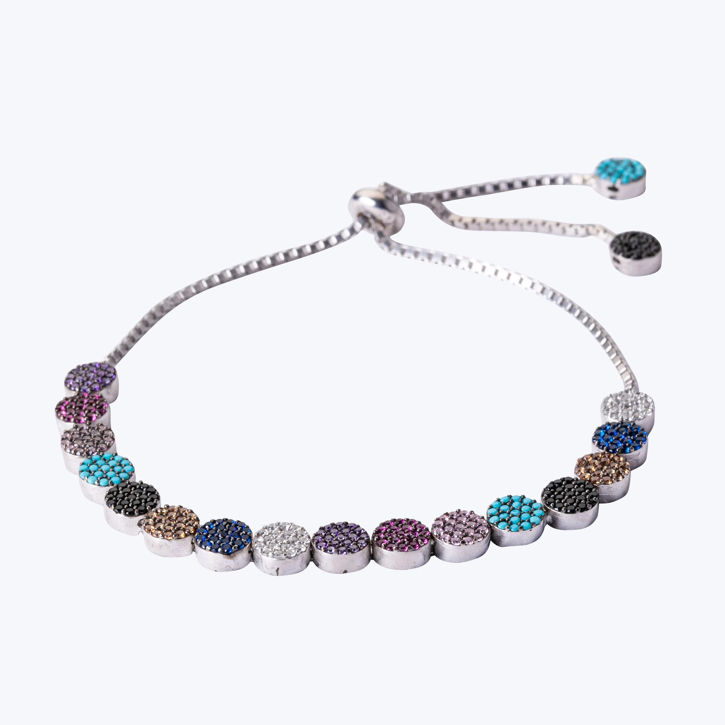 Multi-colour gem stone embellished sterling silver bracelet with adjustable sliding ball closure