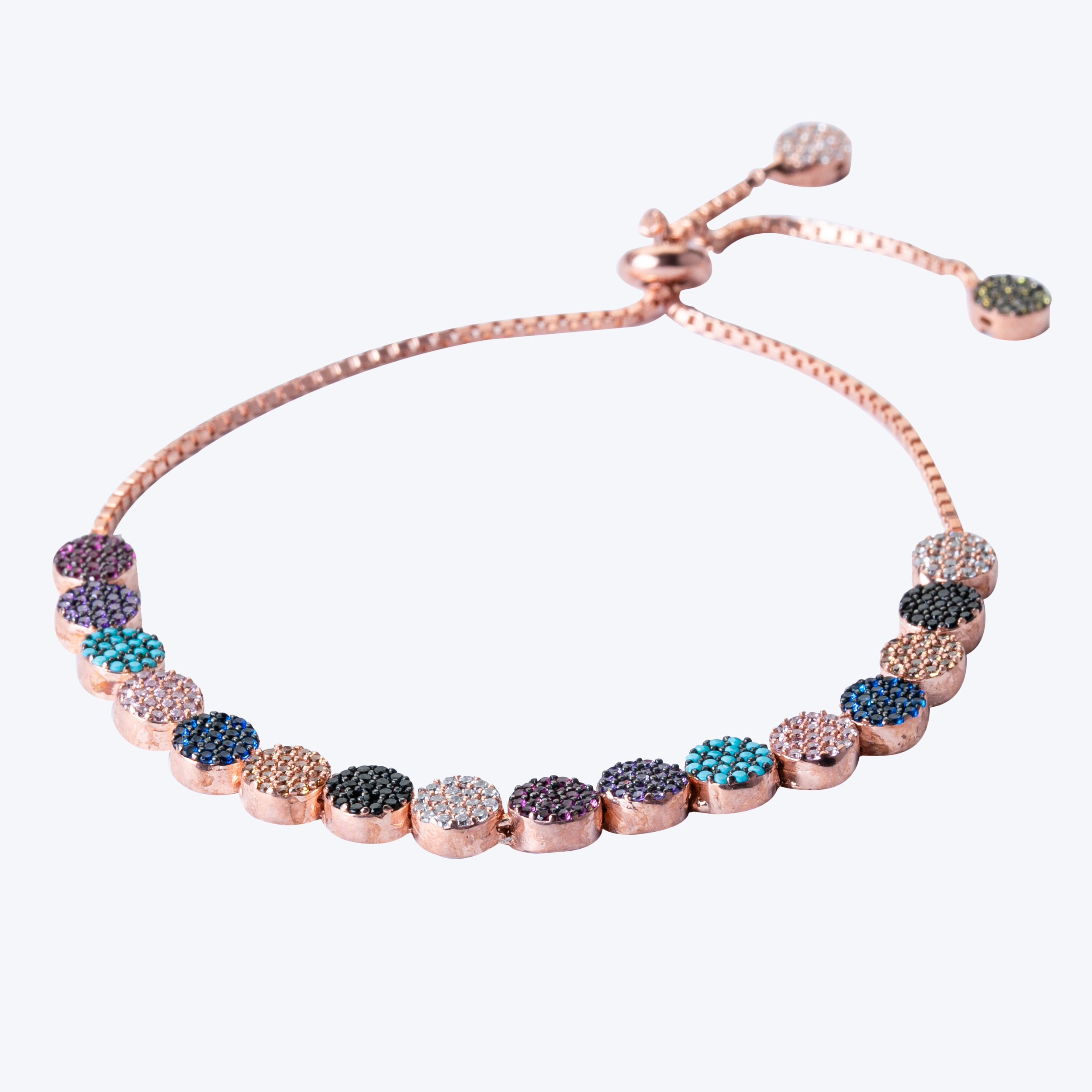 Multi-colour gem stone embellished rose gold plated sterling silver bracelet with adjustable sliding ball closure