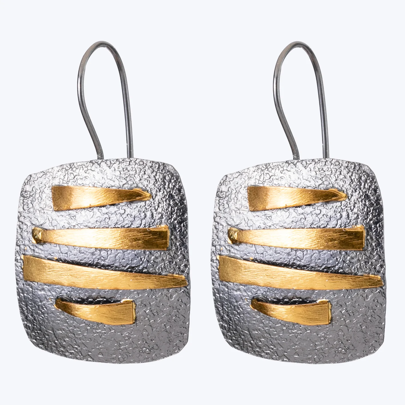 Bi-colour oxidized silver and gold plated handmade square earrings 