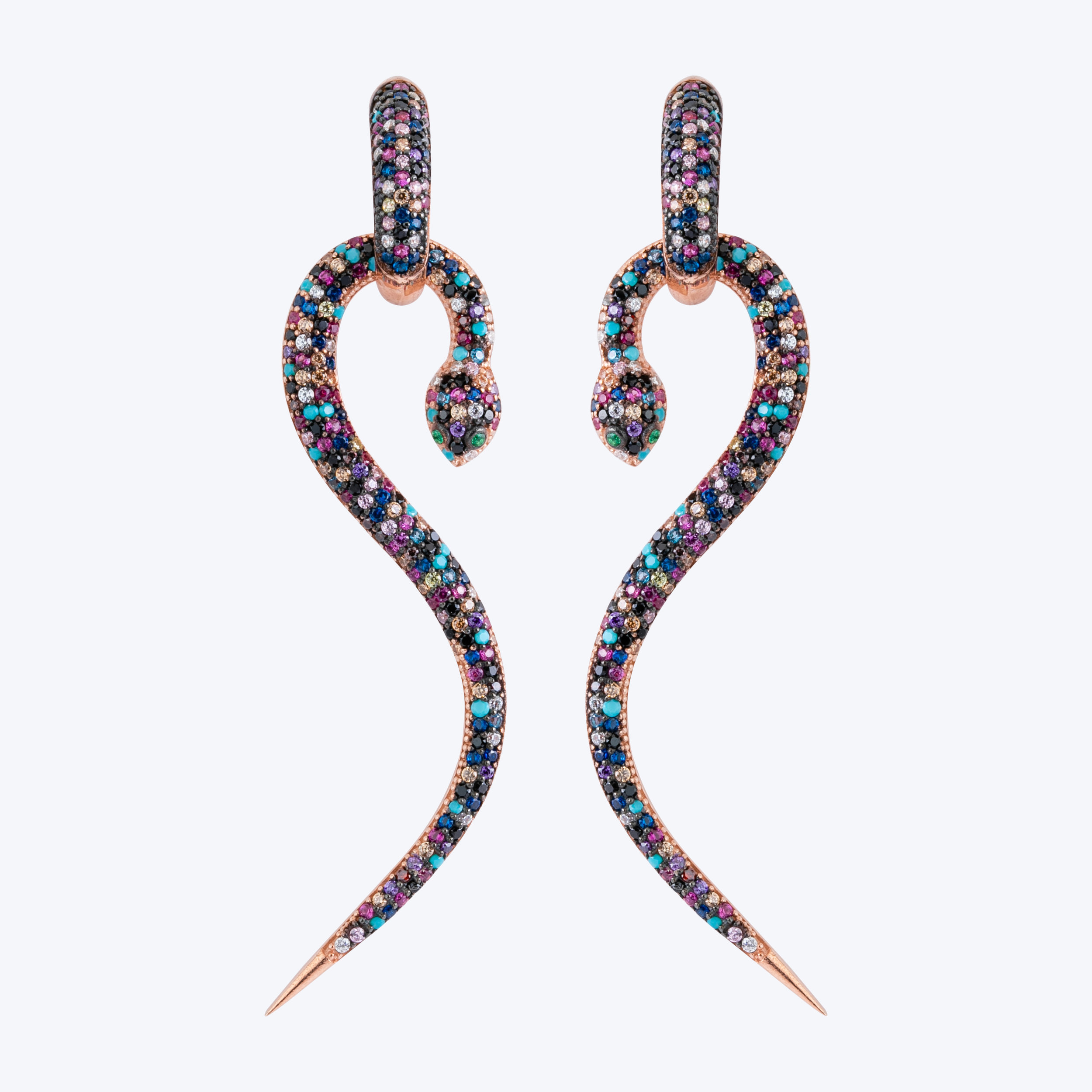 Rose gold plated sterling silver multi-colour gemstone snake earrings