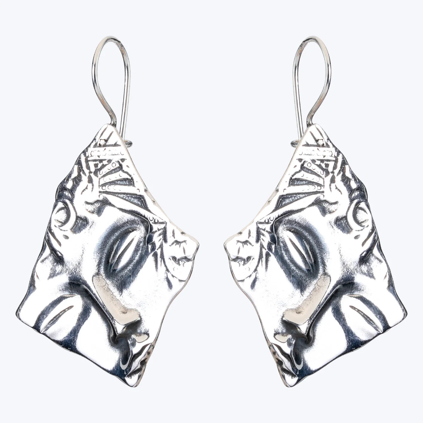Handmade oxidized silver face earrings with hook wire