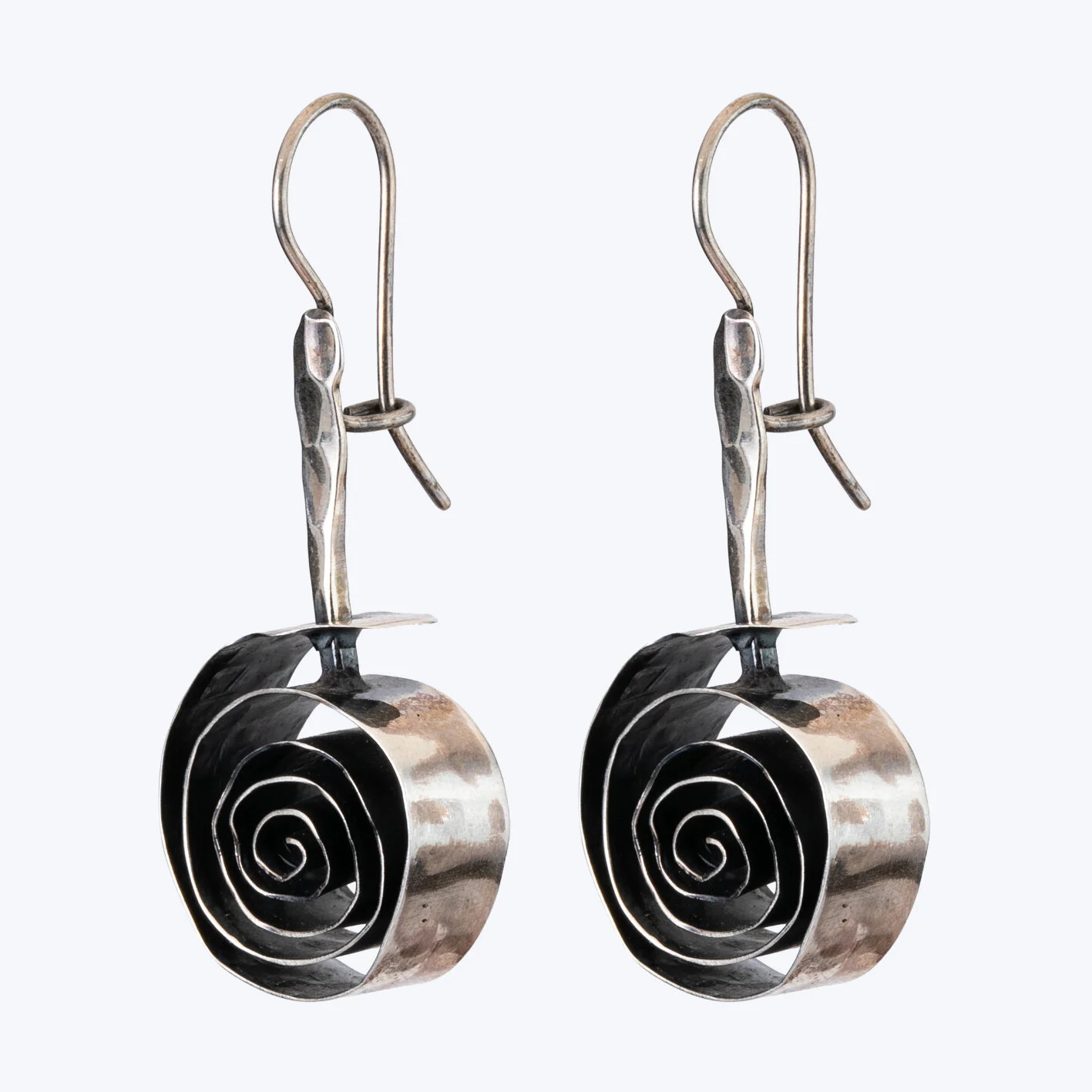 Handmade oxidized silver spiral drop earrings