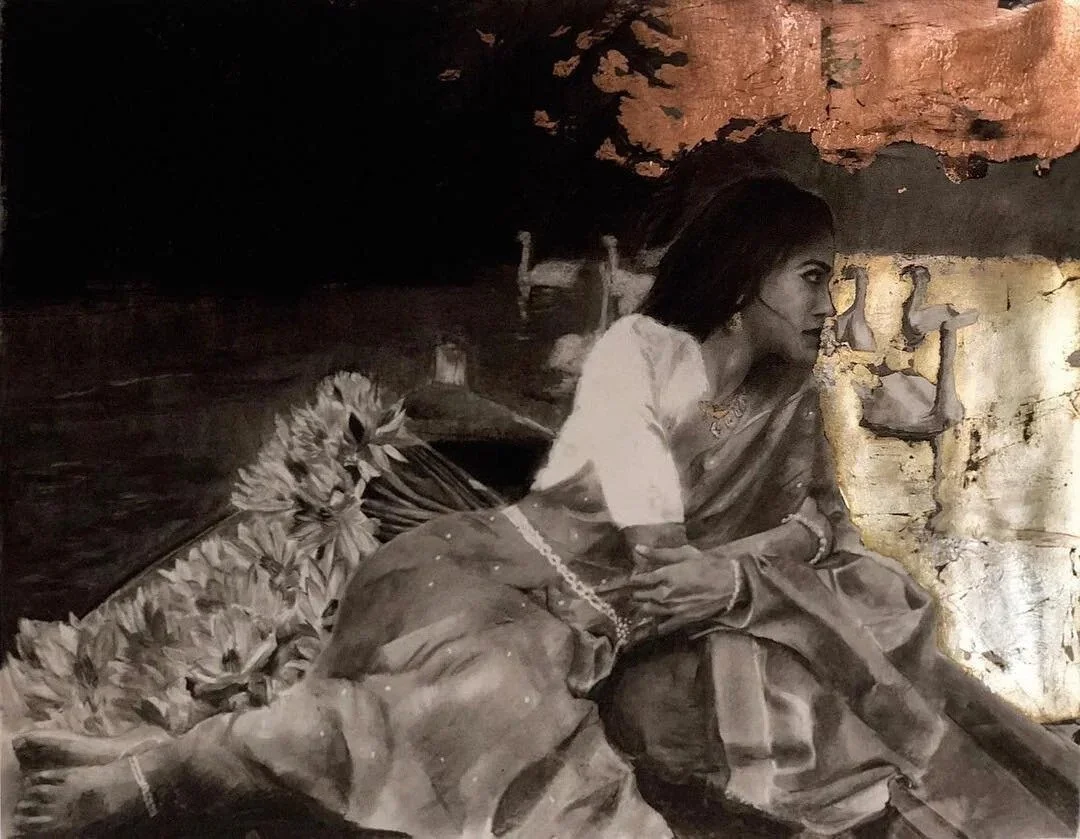 Eyes Turned to Stone, 2019 · Charcoal, copper and silver leaf on paper · 25 × 18 in