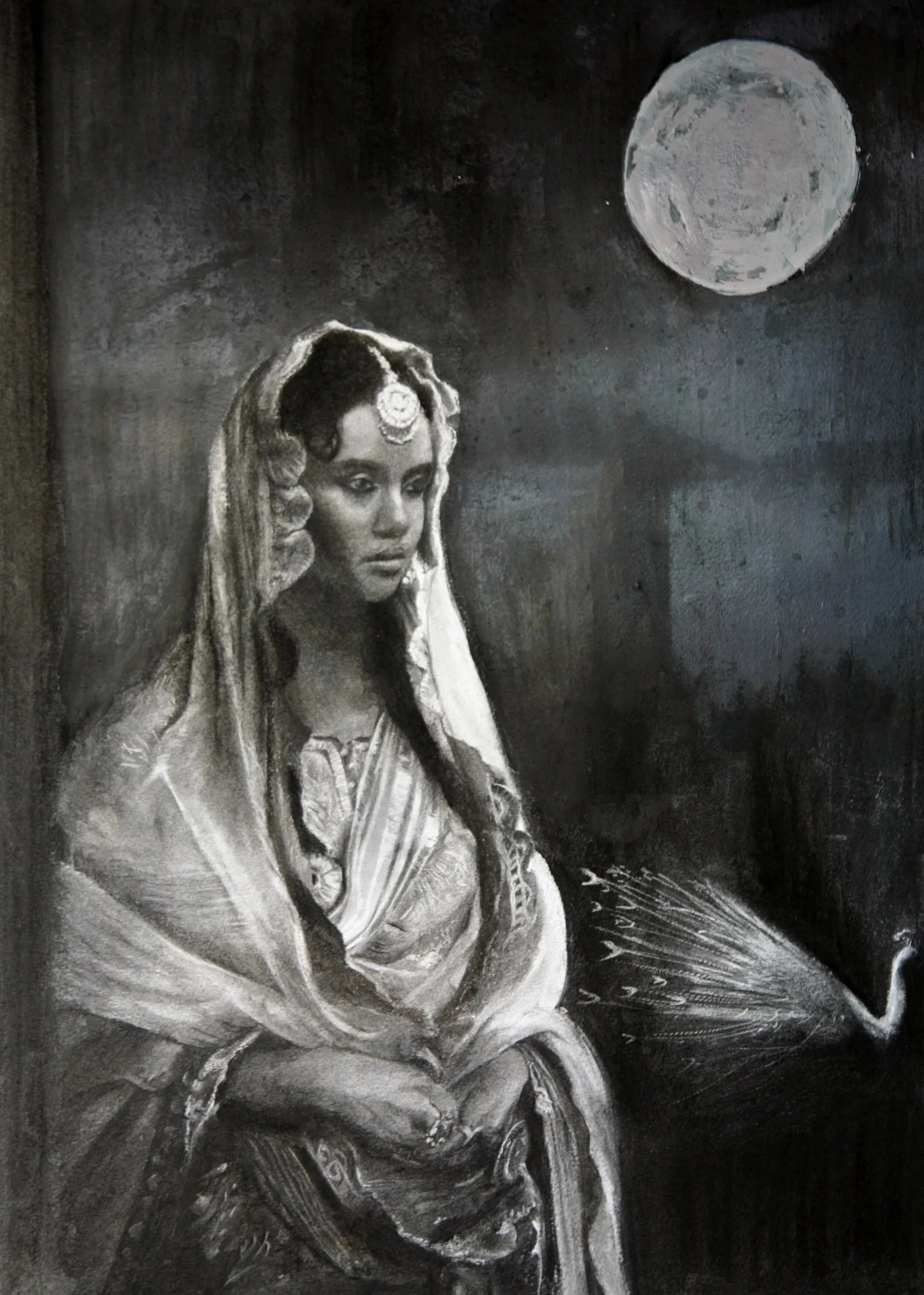 The Crickets’ Song of Mourning, 2019 · Charcoal and silver leaf on paper · 30 × 22 in