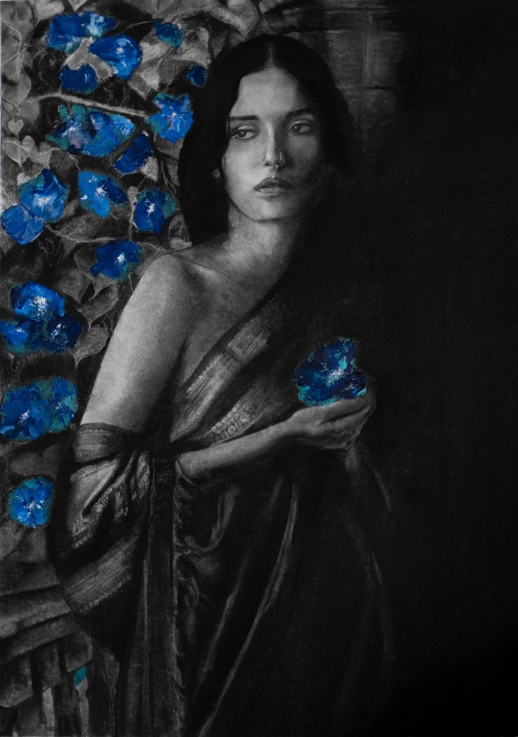 Winter Bloom, 2019 · Charcoal, silver leaf and oil on paper · 30 × 22 in