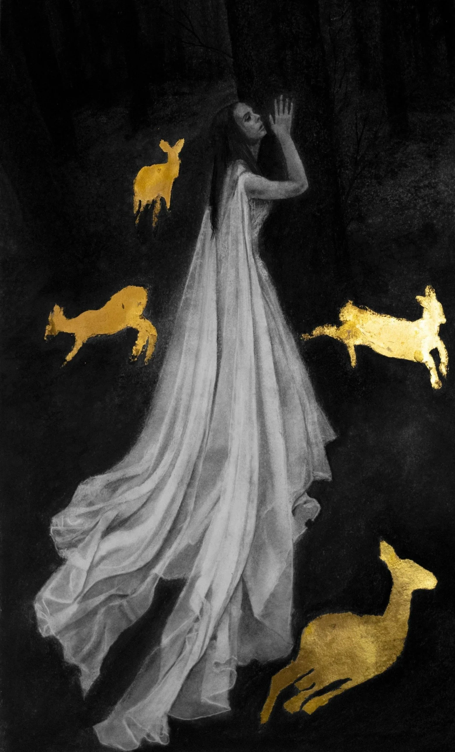 Floating Amidst Musk Deer, 2019 · Charcoal and silver leaf on paper · 30 × 18 in