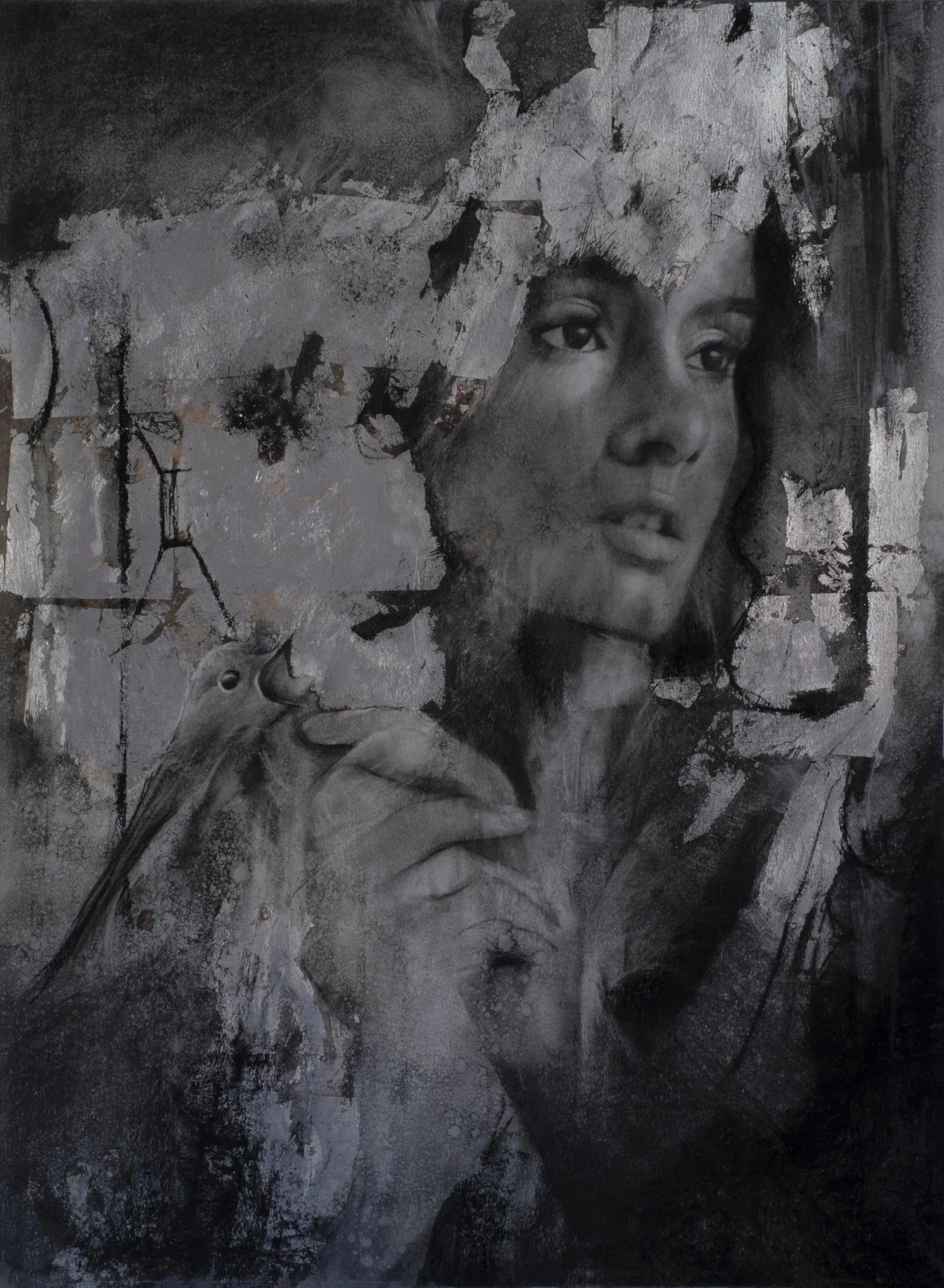 Shadow, 2019 · Charcoal and silver leaf on paper · 30 × 22 in