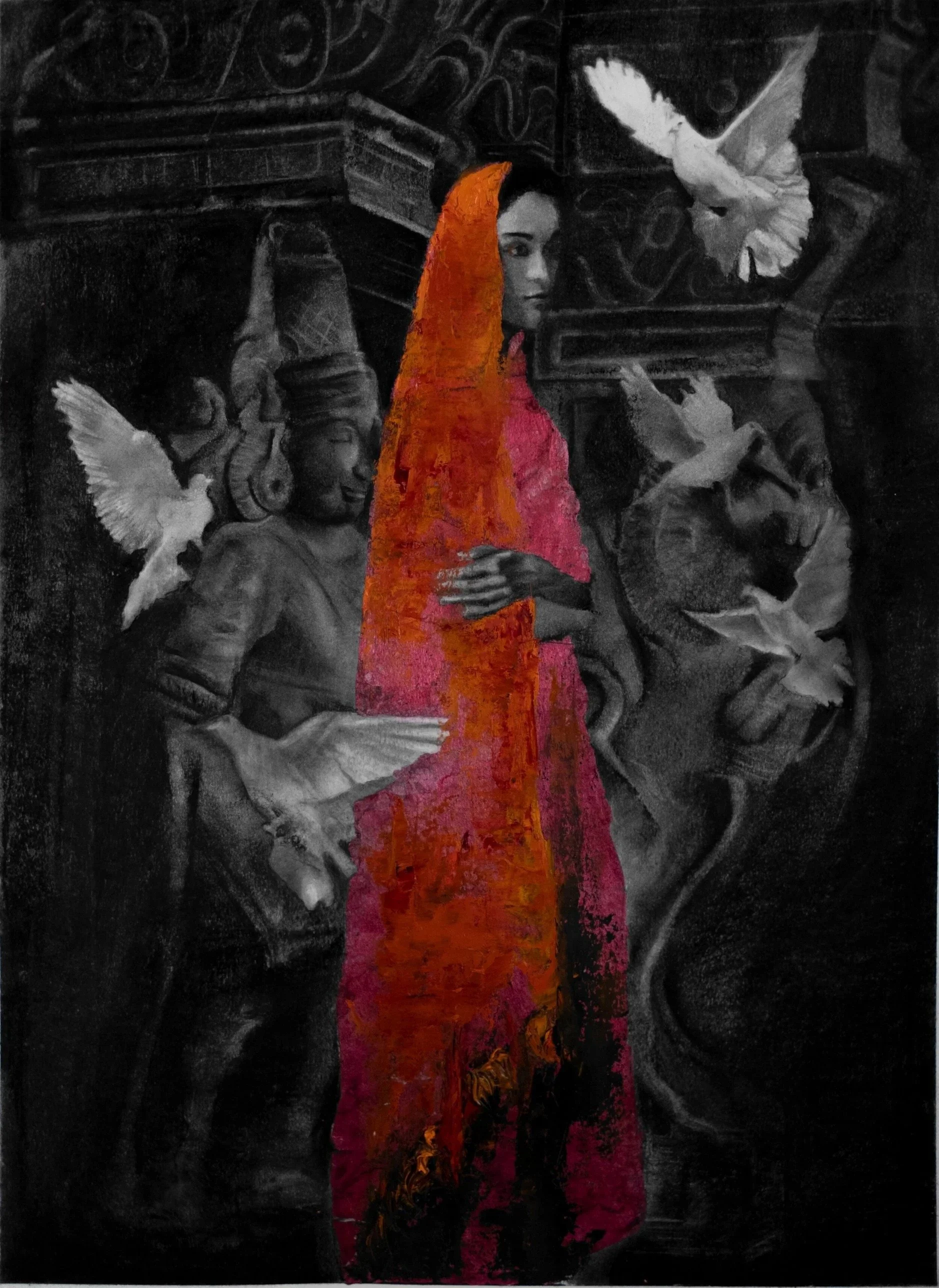 Muted Echoes, 2019 · Charcoal, silver leaf and oil on paper · 30 × 22 in