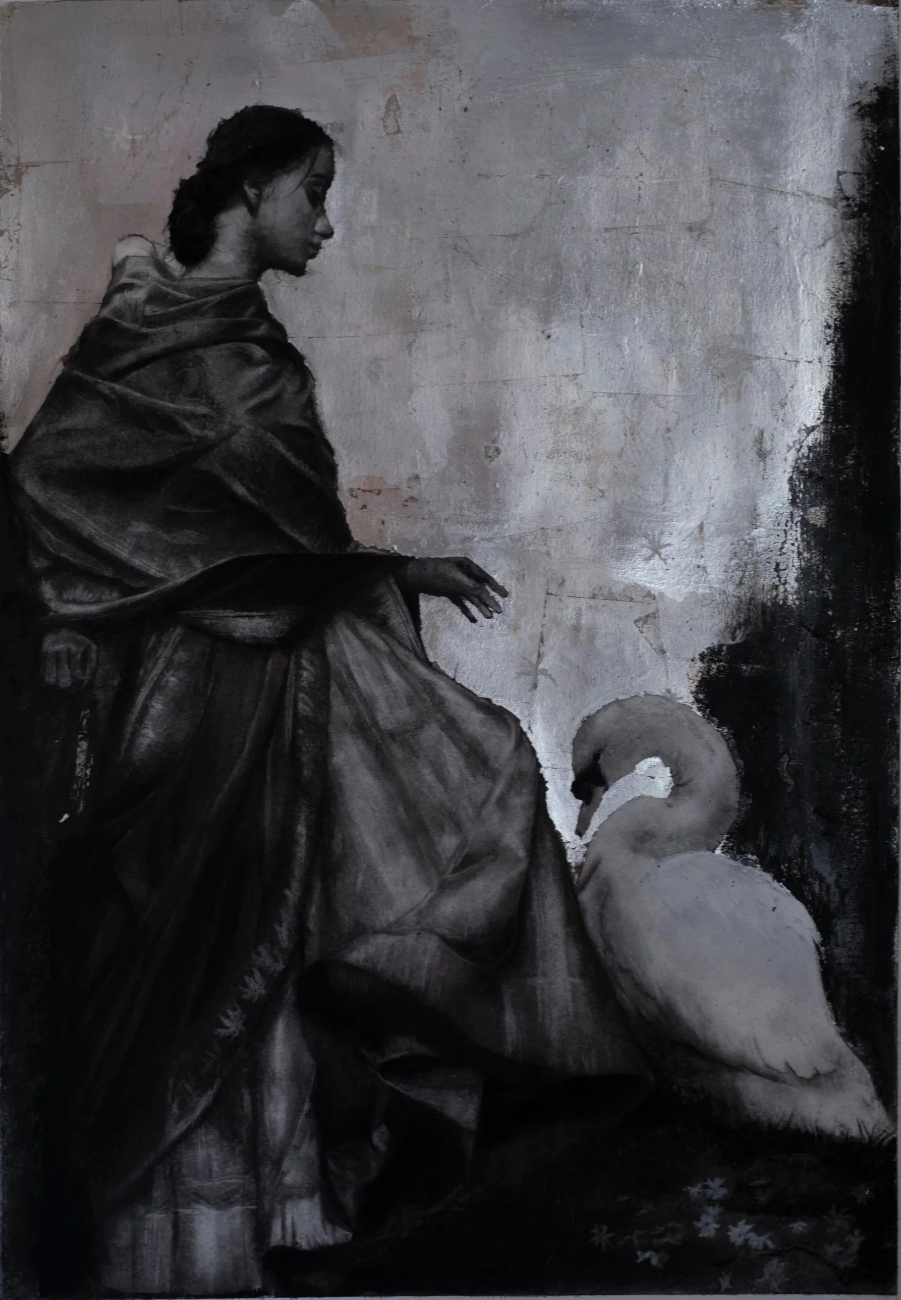 Fallen Flowers, 2019 · Charcoal and silver leaf on paper · 30 × 22 in