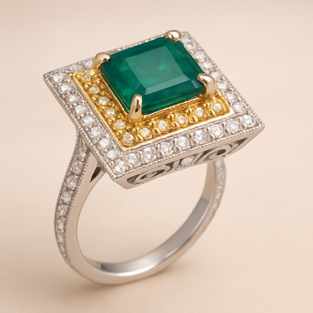 Women's 18k White Gold Emerald Ring with Diamonds