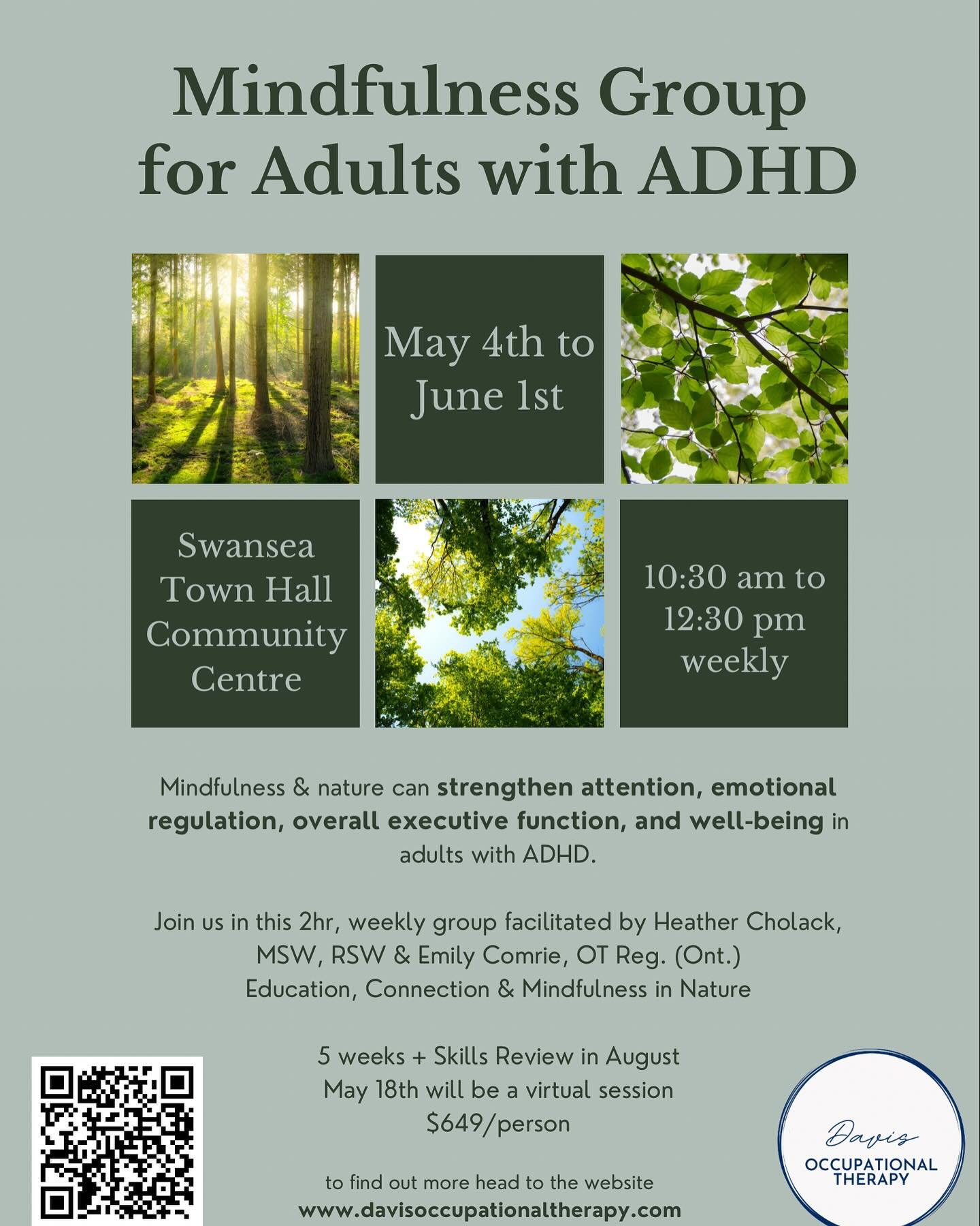 Mindfulness Group designed specifically for Adults with ADHD
🌳2 hrs of small group therapy each week
🌳Led by a Social Worker &amp; OT
🌳Split invoice allows you to maximize your extended healthcare benefits!
🌳Weekly education, group discussion, in