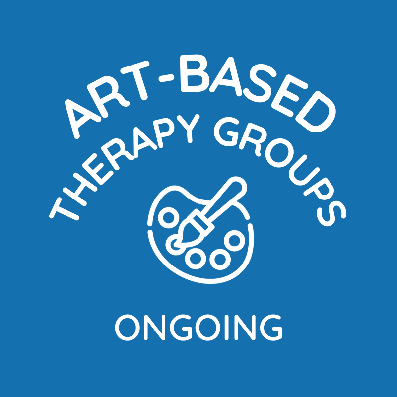 Blue background with white text reading 'Art-Based Therapy Groups Ongoing' and a white line drawing of an artist's palette and paintbrush.