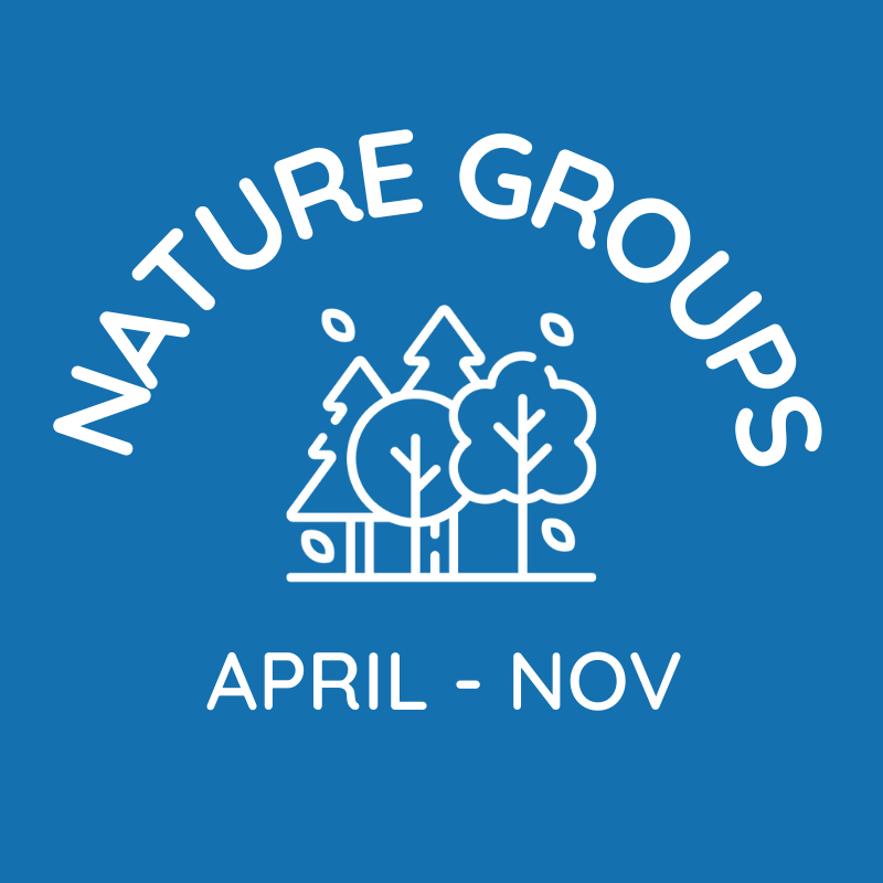 Blue logo with white text that reads "NATURE GROUPS" at the top, a simple line drawing of three trees in the center, and "APRIL - NOV" at the bottom.