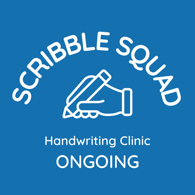 Blue background with white text and icon for Scribble Squad Handwriting Clinic. The icon shows a hand holding a pencil with a line connecting to a squiggly line, and the text reads "Scribble Squad Handwriting Clinic Ongoing".