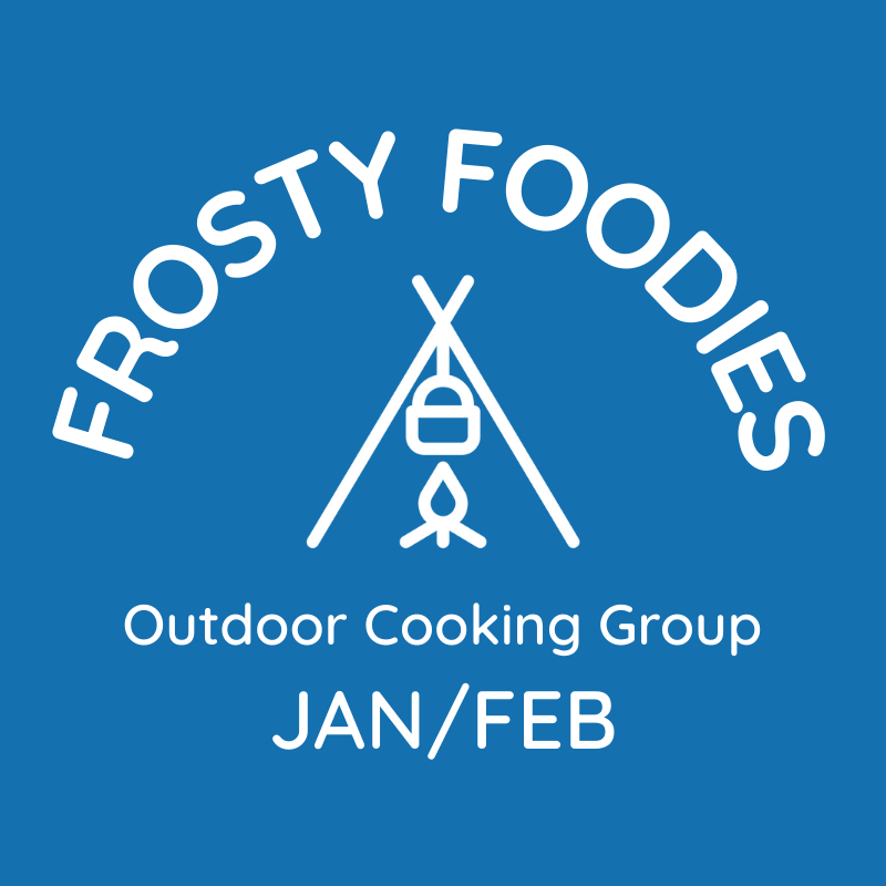 Frosty Foodies outdoor cooking group logo with a tent, campfire, and text for January and February
