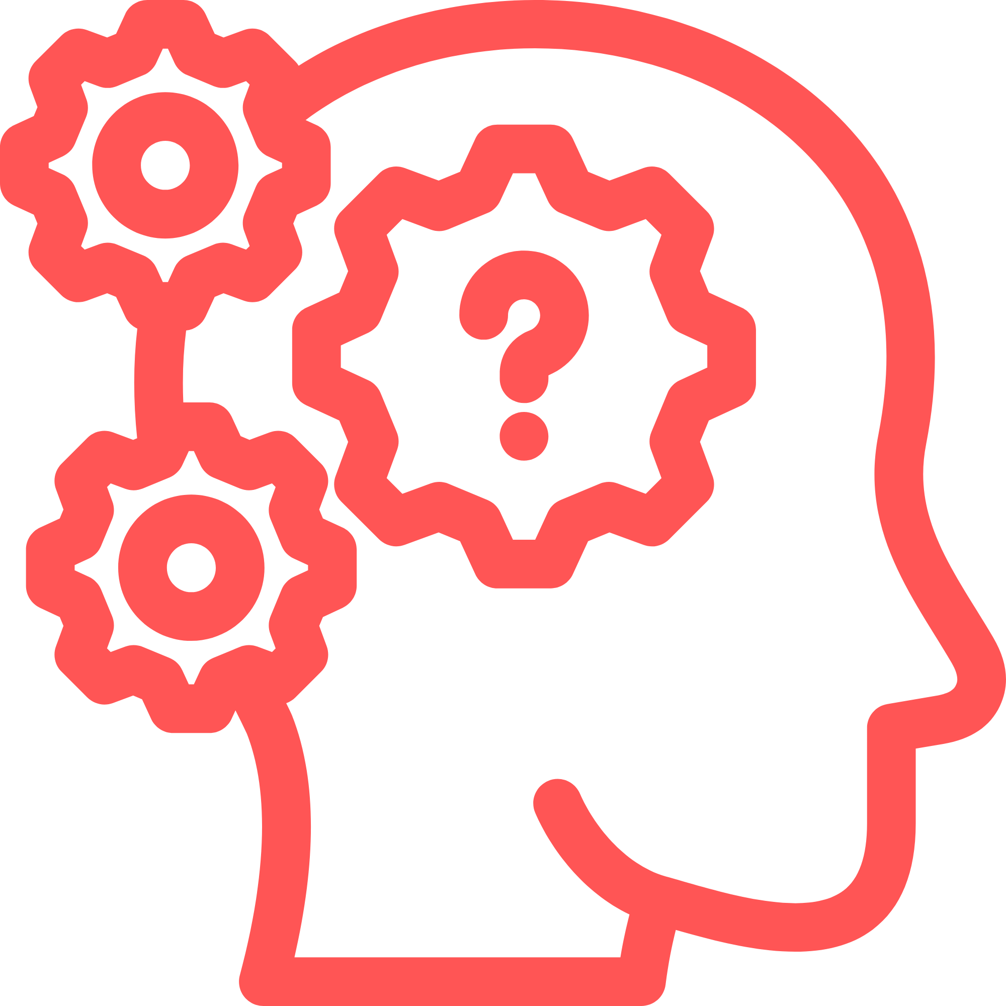 coral coloured icon of a person's head with cogs in the brain