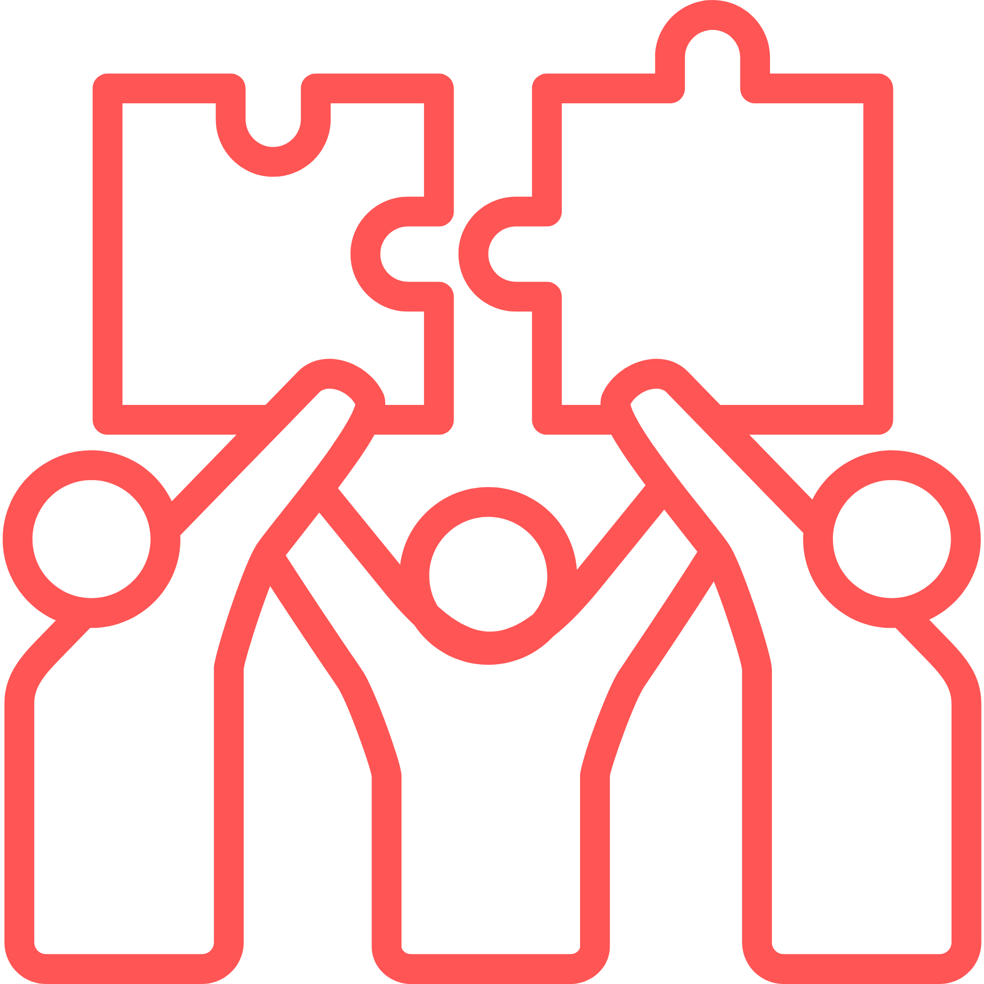 coral coloured icon of team members putting jigsaw pieces together
