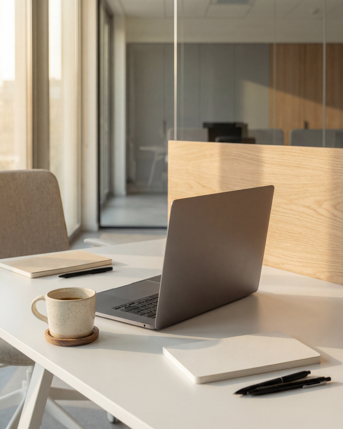 image of a laptop, coffee and notebooks on a desk in an office