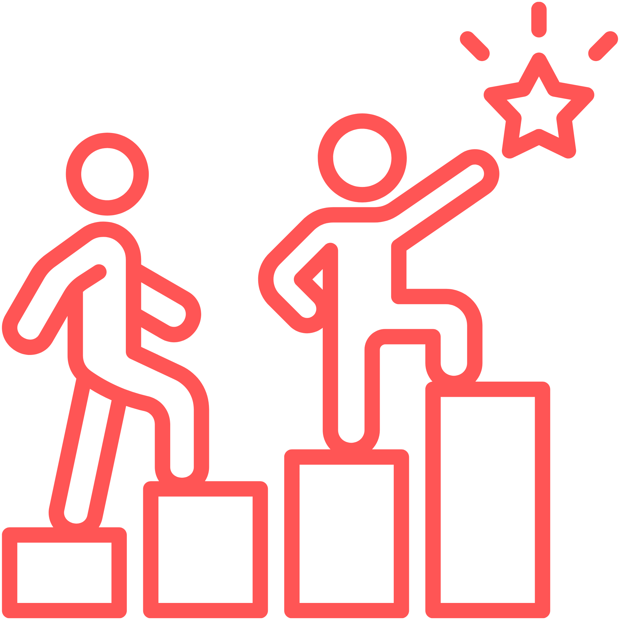 coral coloured icon of 2 team members walking up an increasing bar graph to reach a star