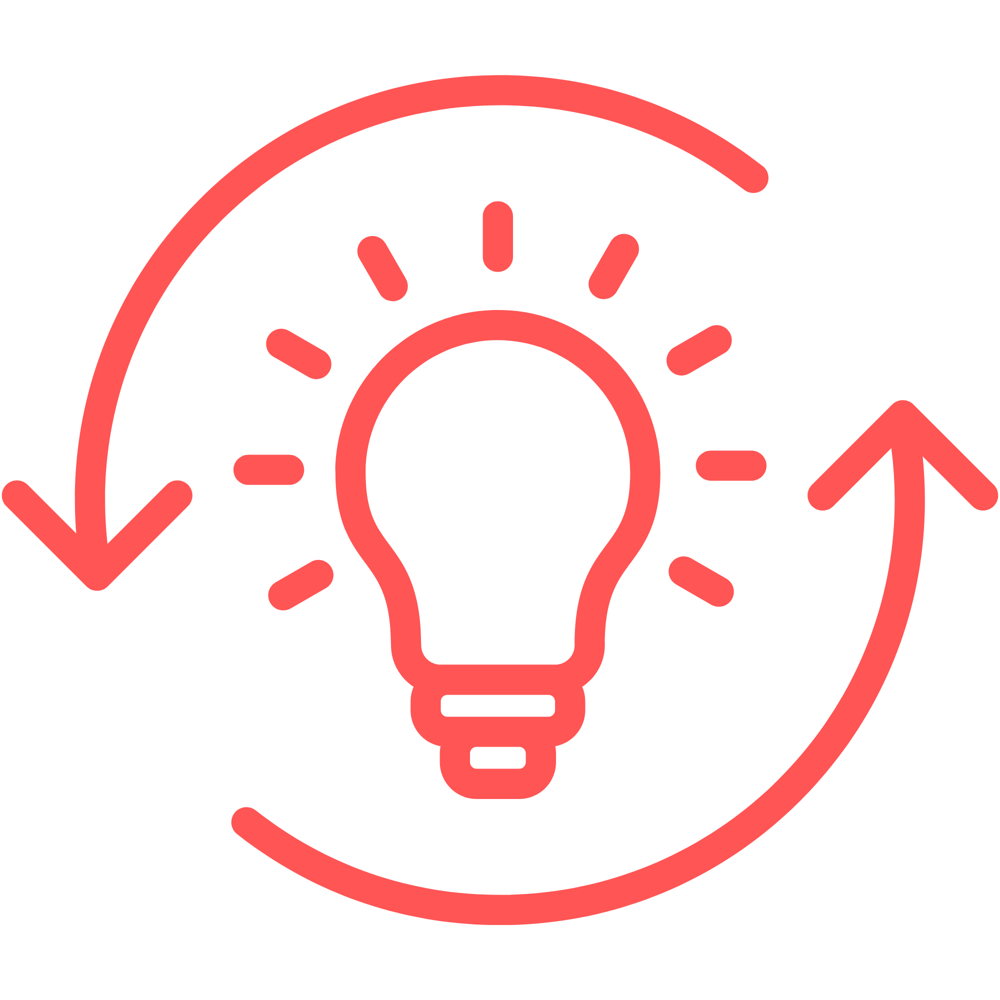 coral coloured icon of a lightbulb surrounded by arrows