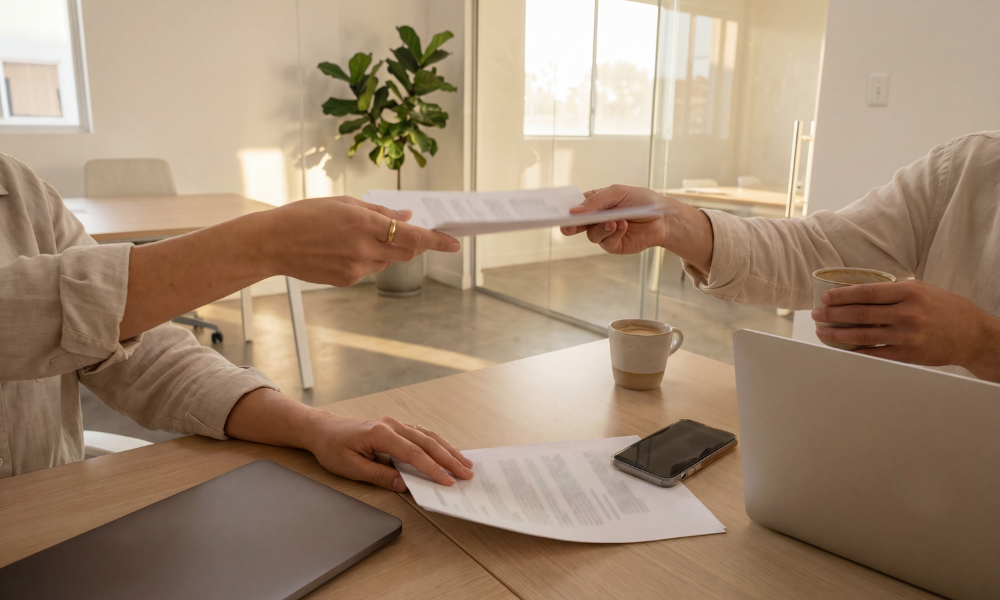 image of two people sat at a desk with laptops on, with one handing the other documents