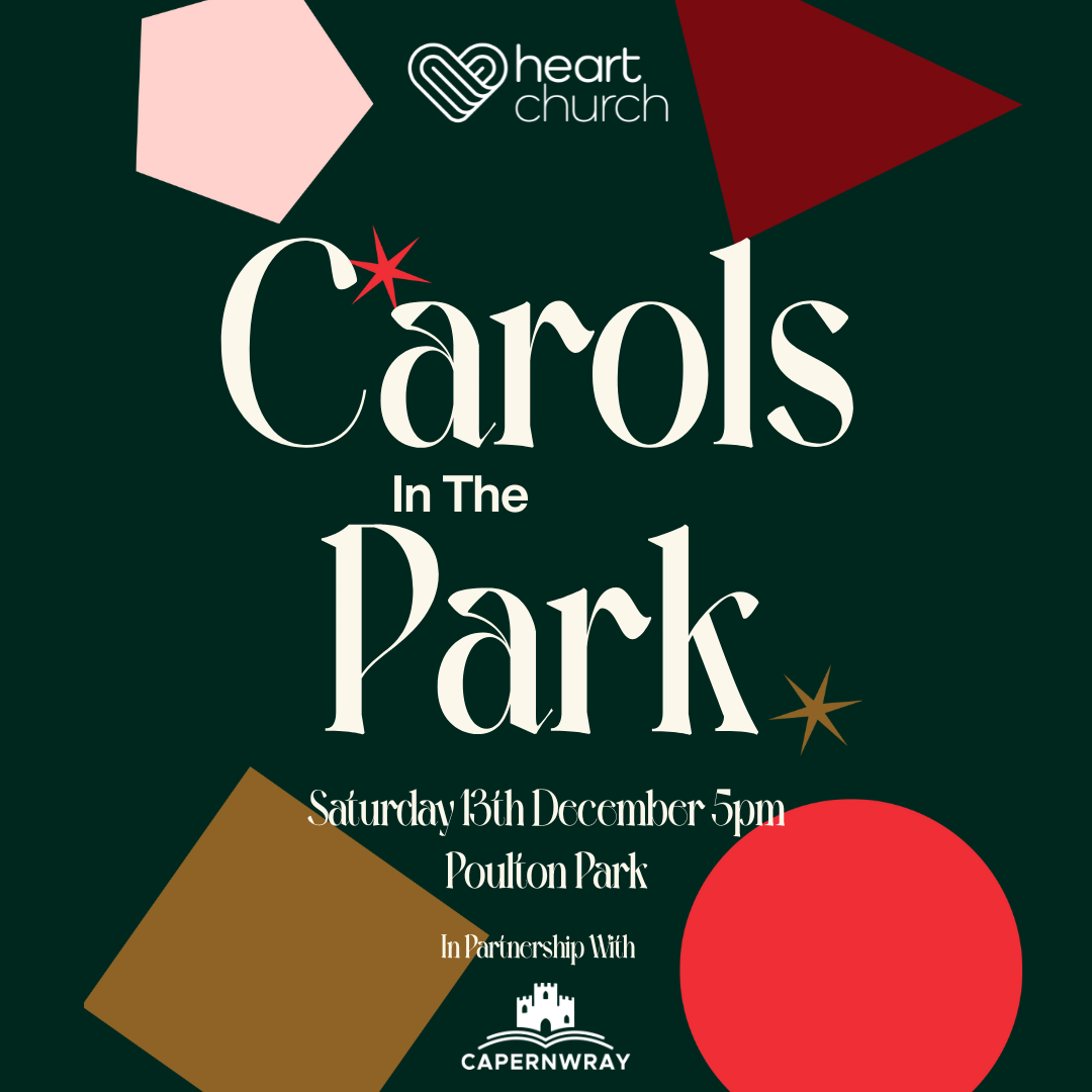 Festive poster for "Carols in the Park" event on Saturday, December 14th, 5 PM at Poulton Park, featuring red and green Christmas design.