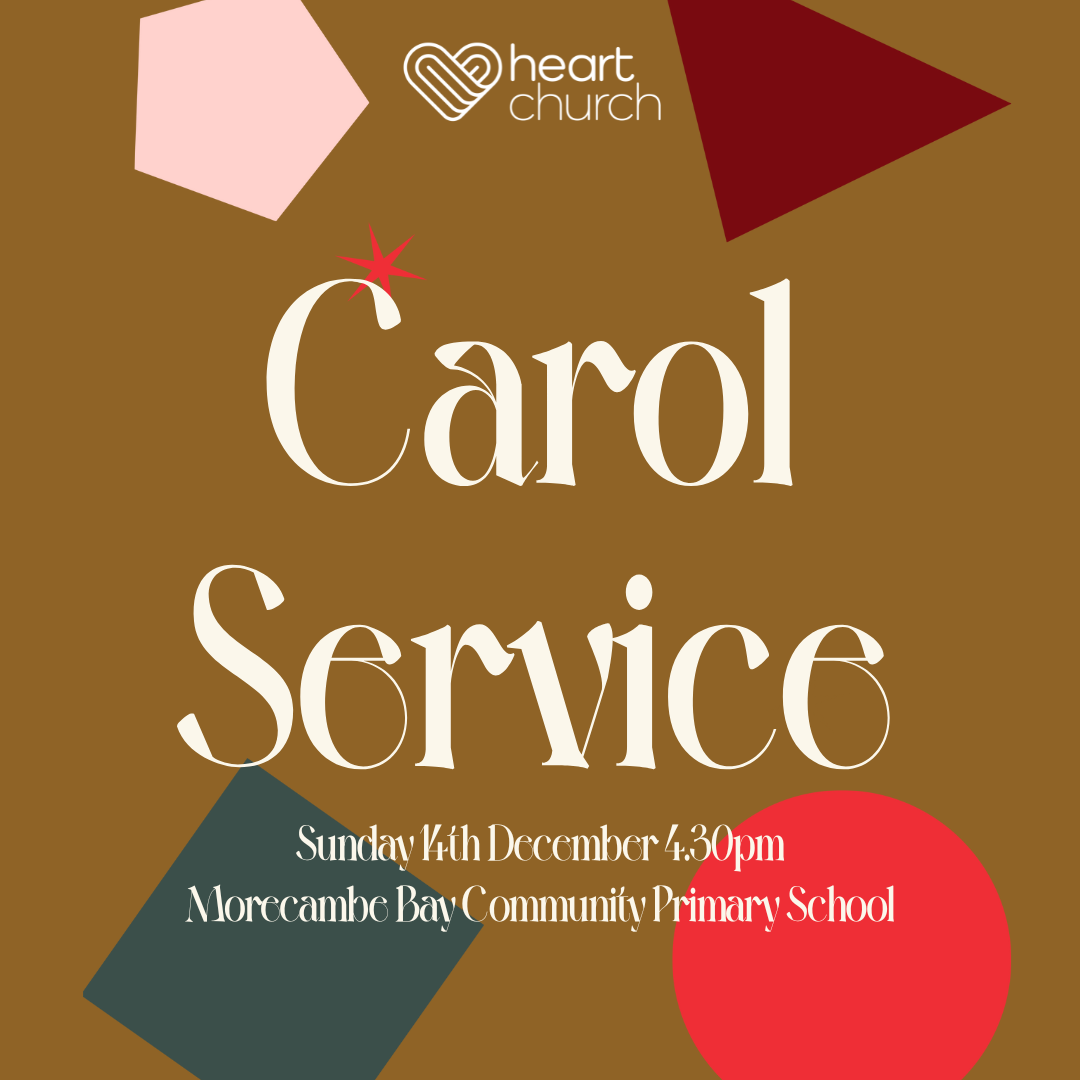 Christingle event poster with red and green Christmas theme, detailing a gathering at Morecambe Bay Community Primary School on Sunday, December 15th, at 4 PM.