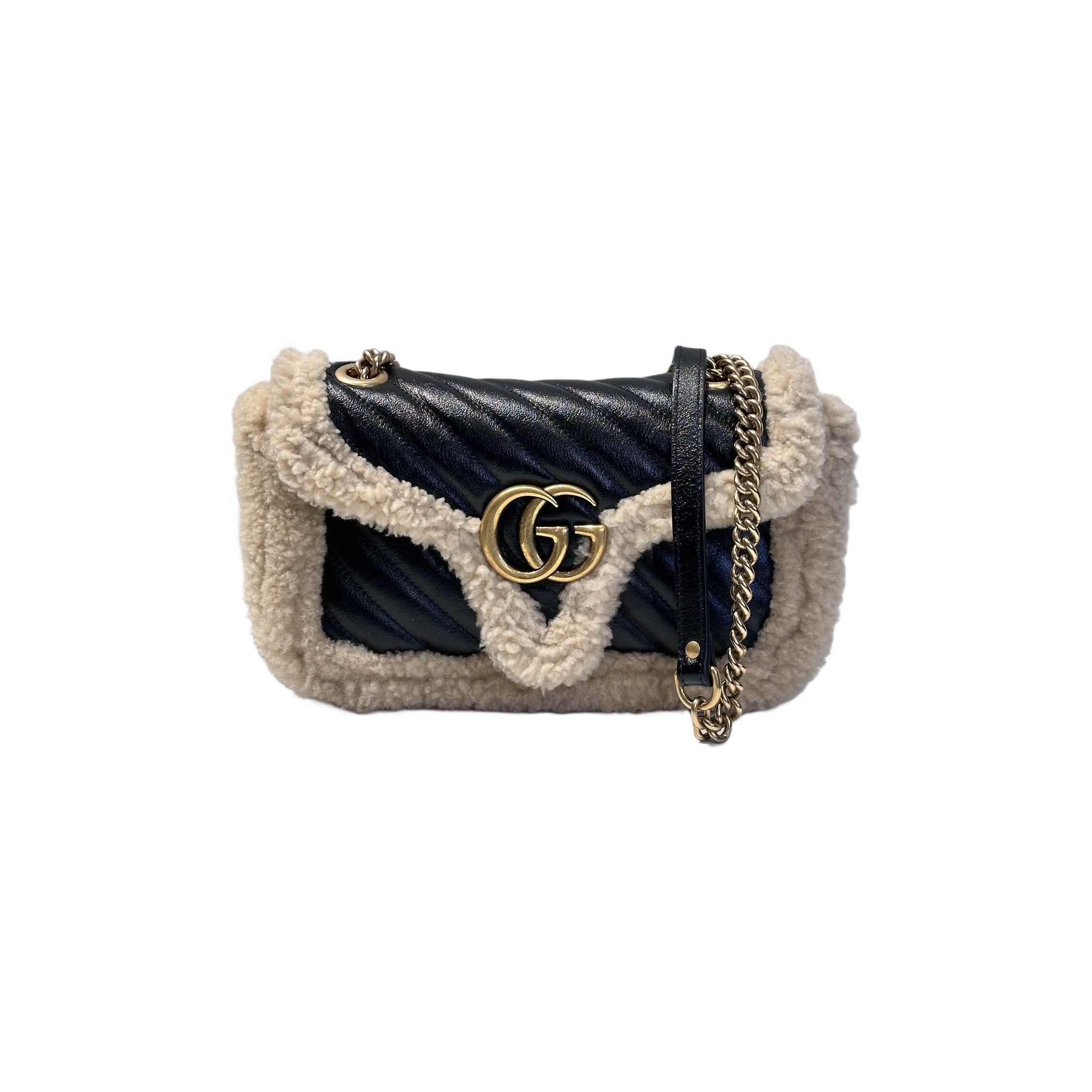 Gucci GG Marmont Small Shearling Schwarz Beige