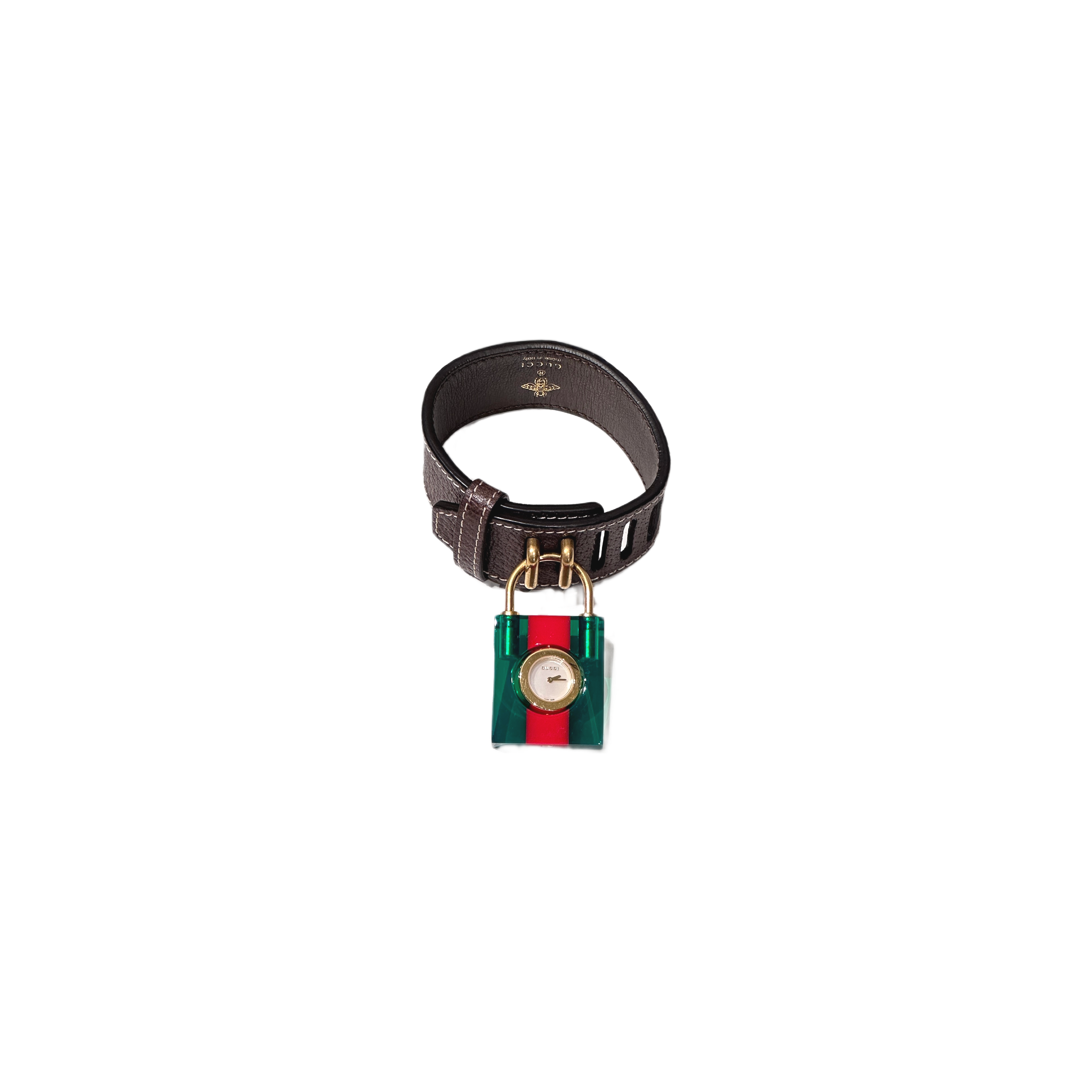 Gucci Web Vorhängeschloss-Uhr Lederarmband Grün / Rot