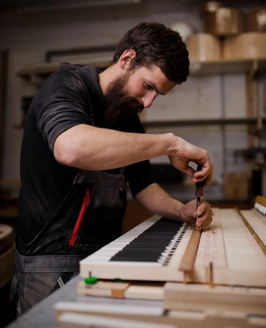 The frame of each one of our pianos is built by hand. From the wood veneers, finishes, and metal trims of the piano&rsquo;s case to the many moving parts inside the piano action, the instrument has been carefully assembled and inspected by our crafts