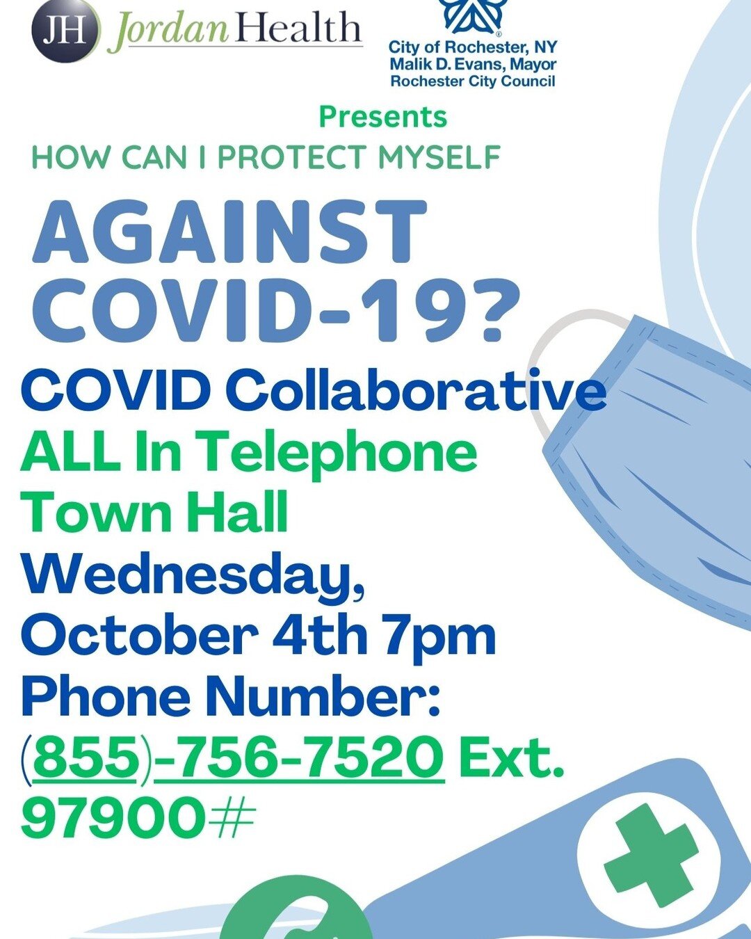 Join us, with our partners from @commongroundh, @jordanhealth_rochesterny, and the @cityofrochesterny for a COVID-19 Telephone Town Hall, tomorrow, October 4 at 7 pm. Call (855) 756-7520 ex. 97900#