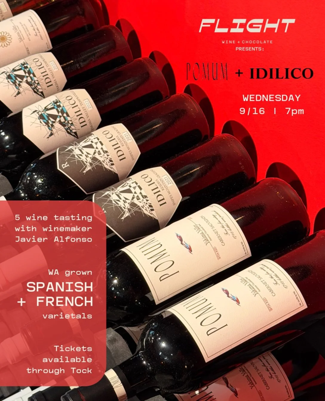 Only a few spots left for our next winemaker event! Join us this Wednesday, 9/16, for a special 5-wine tasting with winemaker Javier Alfonso from Pomum/Idilico. You DO NOT have to be a wine club member 

🍷🍫 Open:
Thu: 3-9pm [$3 off all glass pours]
