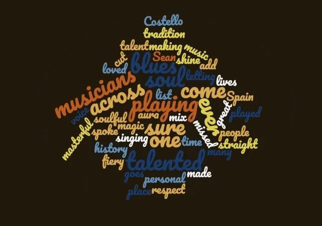 A word cloud with words related to music and performance, including 'musicians', 'blues', 'soul', 'talented', 'performance', 'music', and 'history', arranged in a circular shape with various colors.